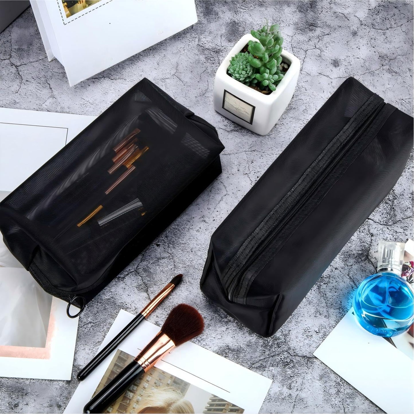 Boao 6 Pieces Mesh Makeup Bags Mesh Cosmetic Bag Portable Travel Organizing Zipper Pouch Toiletries Makeup Pouches for Home Office Travel Accessories(Black)