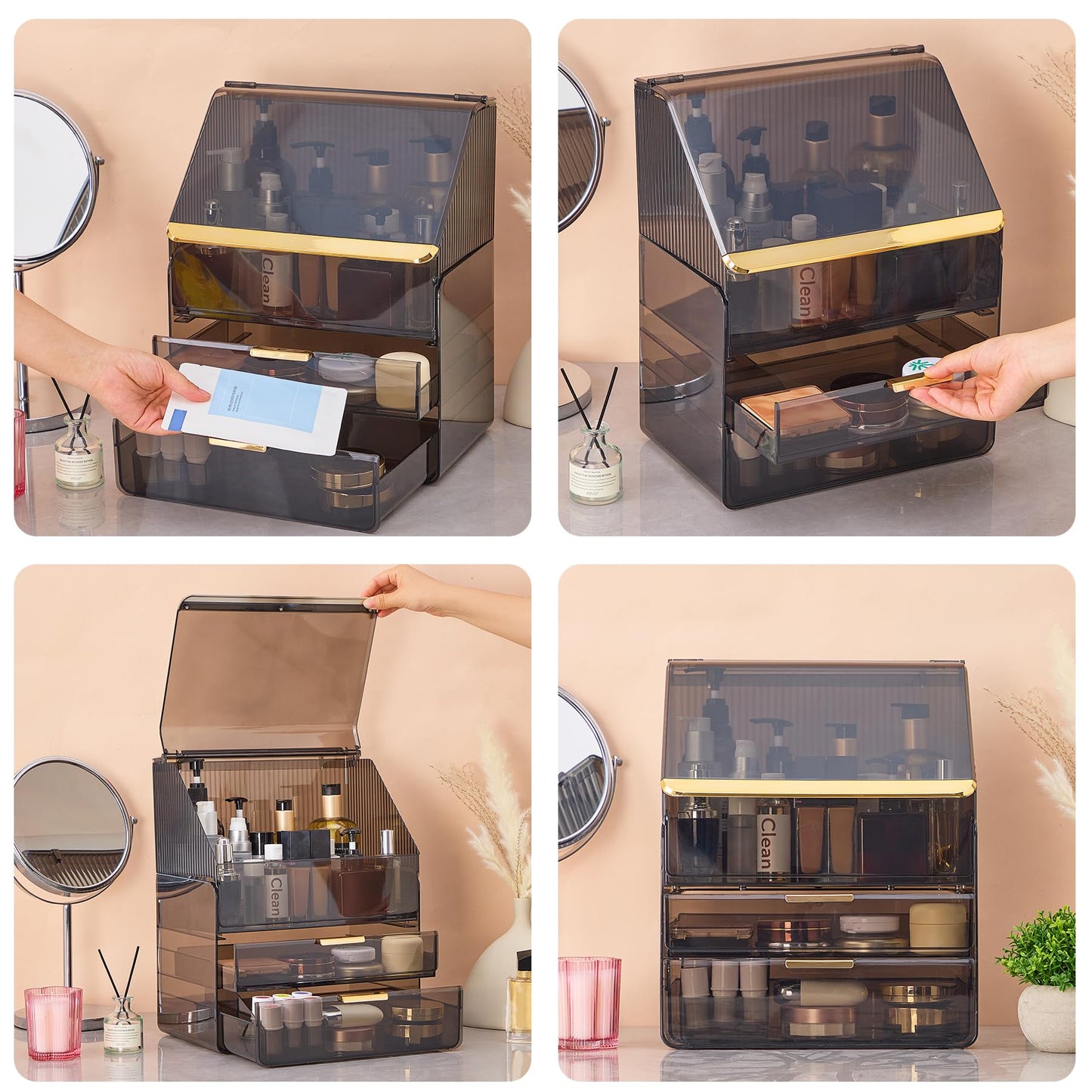 Large 3-Tier Makeup Organizer with Drawers and Lipstick Holder, Dustproof Waterproof Skincare Storage Box for Bathroom Countertop, Vanity Cosmetic Organizer,Clear Black
