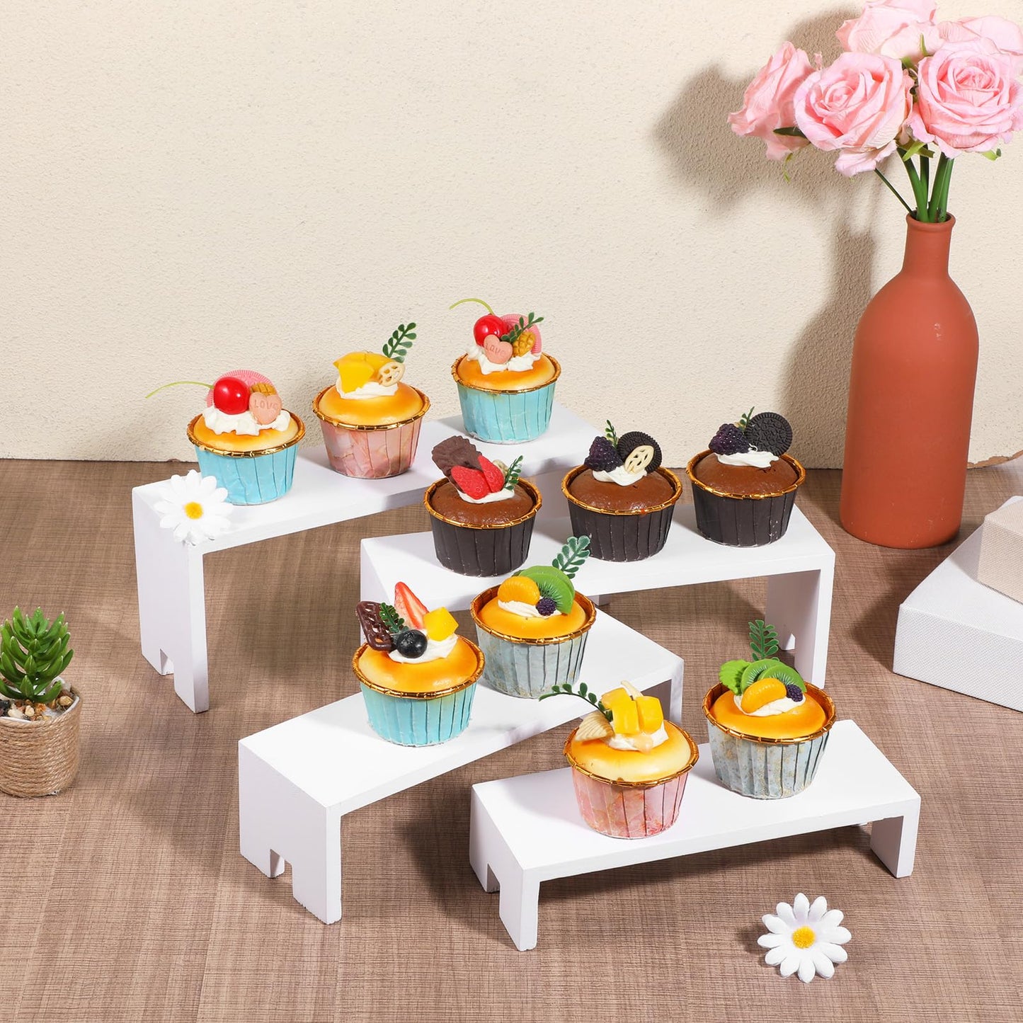 2 Set Large White Display Risers Wooden Tiered Risers Stand 4 Tiered 8Pcs Wood Display Riser Set Layered Aesthetic Shelves Stackable Wooden Cupcake Stand Racks Cupcake Stands Perfume Displays Stands