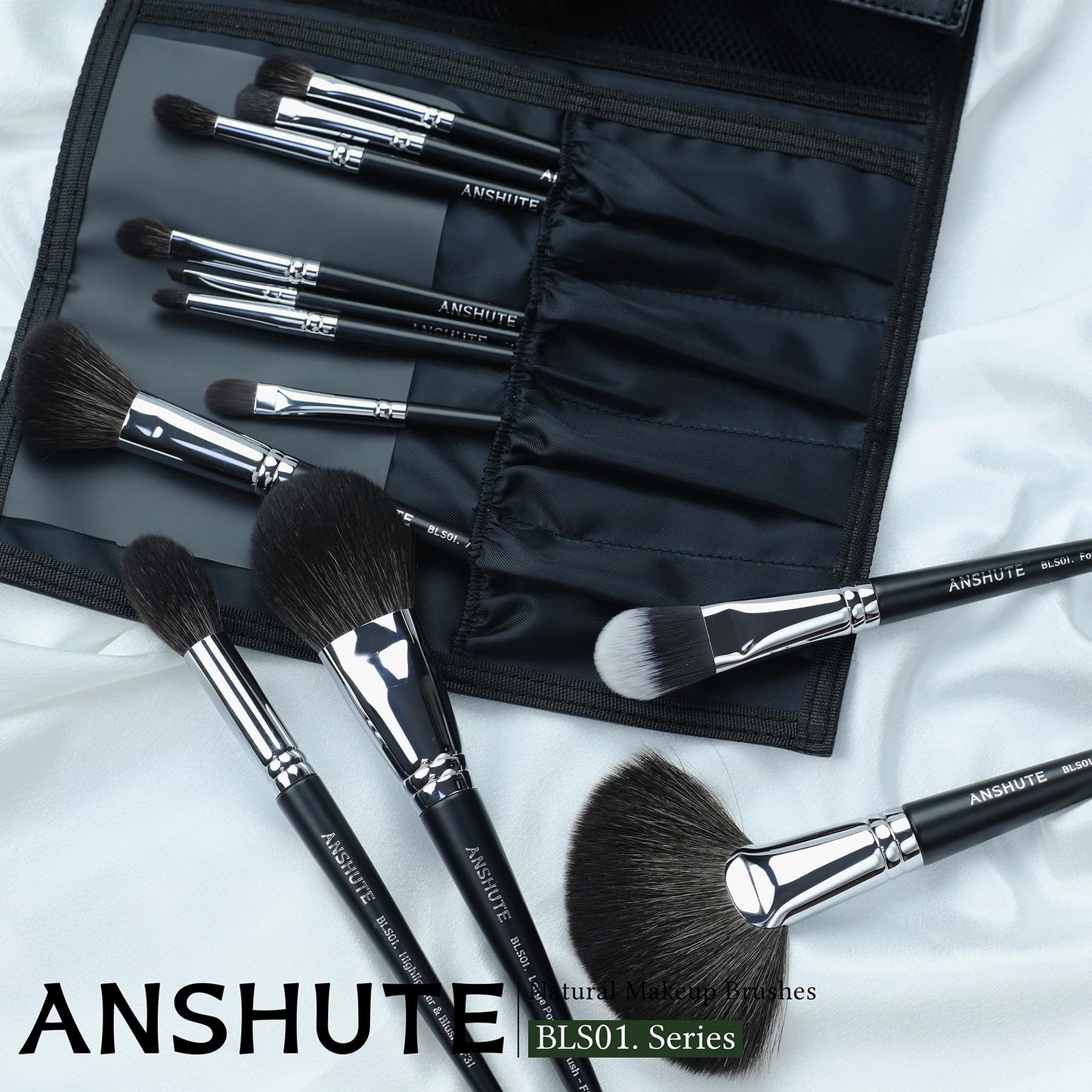 Anshute 12-Piece Professional Natural Goat Hair Makeup Brush Set with Travel-Ready Makeup Brush Organizer - 5 Face & 7 Eye Brushes. Super Soft Bristles, Variety of Brushes. Labled Brush Handle