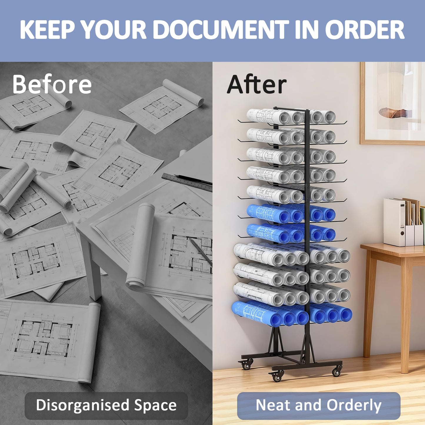 Rolling Large Blueprint Holder, 22 Tier Blueprint Storage Rack, Metal Vinyl Roll Storage Rack, Construction Plan Holder, Gift Wrapping Paper Organizer, Blue Print Display for Drawing, Artwork, Map