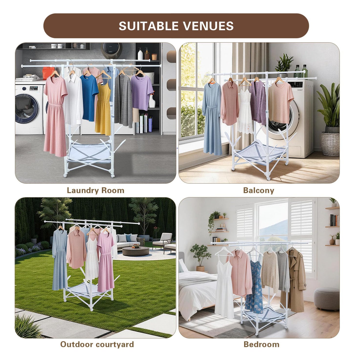 YrsFish Foldable Clothes Drying Rack,Double Rod Extendable 33.1–56.7 Inches,Drying Rack Clothing with Wheels,Sweater Drying Net,Shoes Drying Rack,Hat Hanger