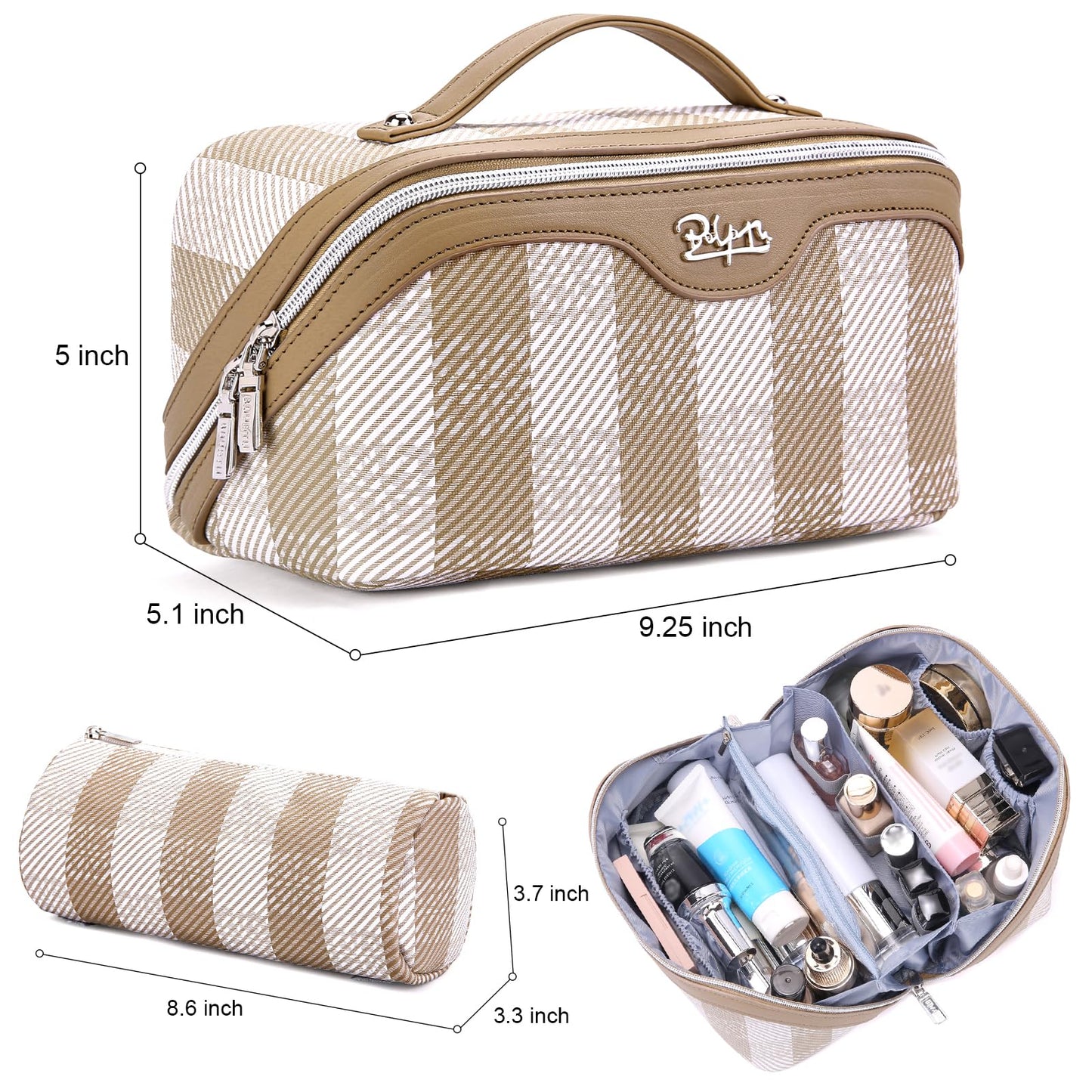 BOYATU Travel Makeup Bag Organizer Cosmetic Bag: 3 Pcs Set Make up Bags for Women with Handle - Waterproof Vegan Leather Toiletry Bags Travel Essentials Pouch with Compartments (F-04-Brown)