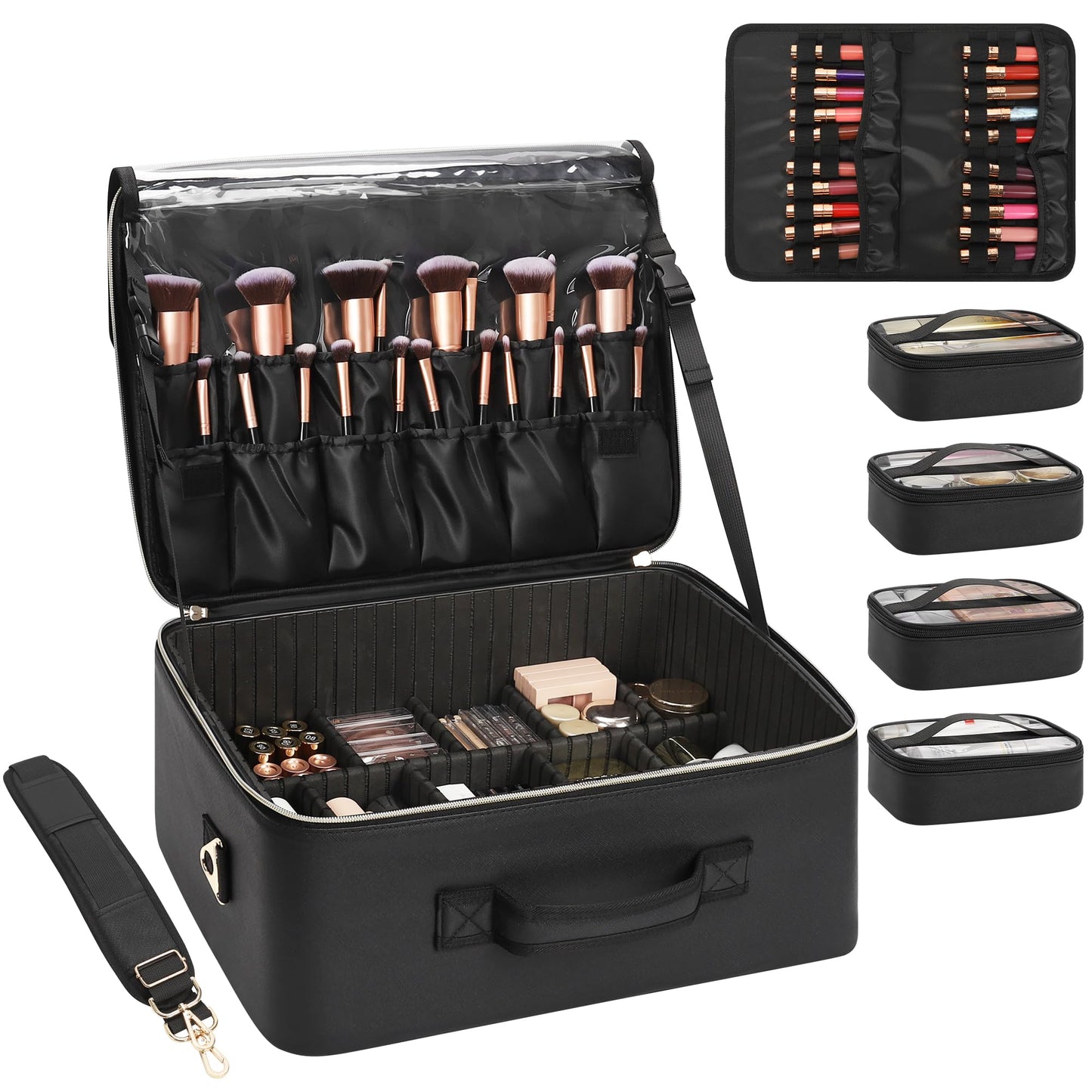 Relavel Extra Large Makeup Bag, Professional Makeup Train Case for Makeup Artists, Travel Cosmetic Organizer with 4 Small Portable Bags & Brush/Lipstick Plate, Adjustable Dividers and Shoulder Strap