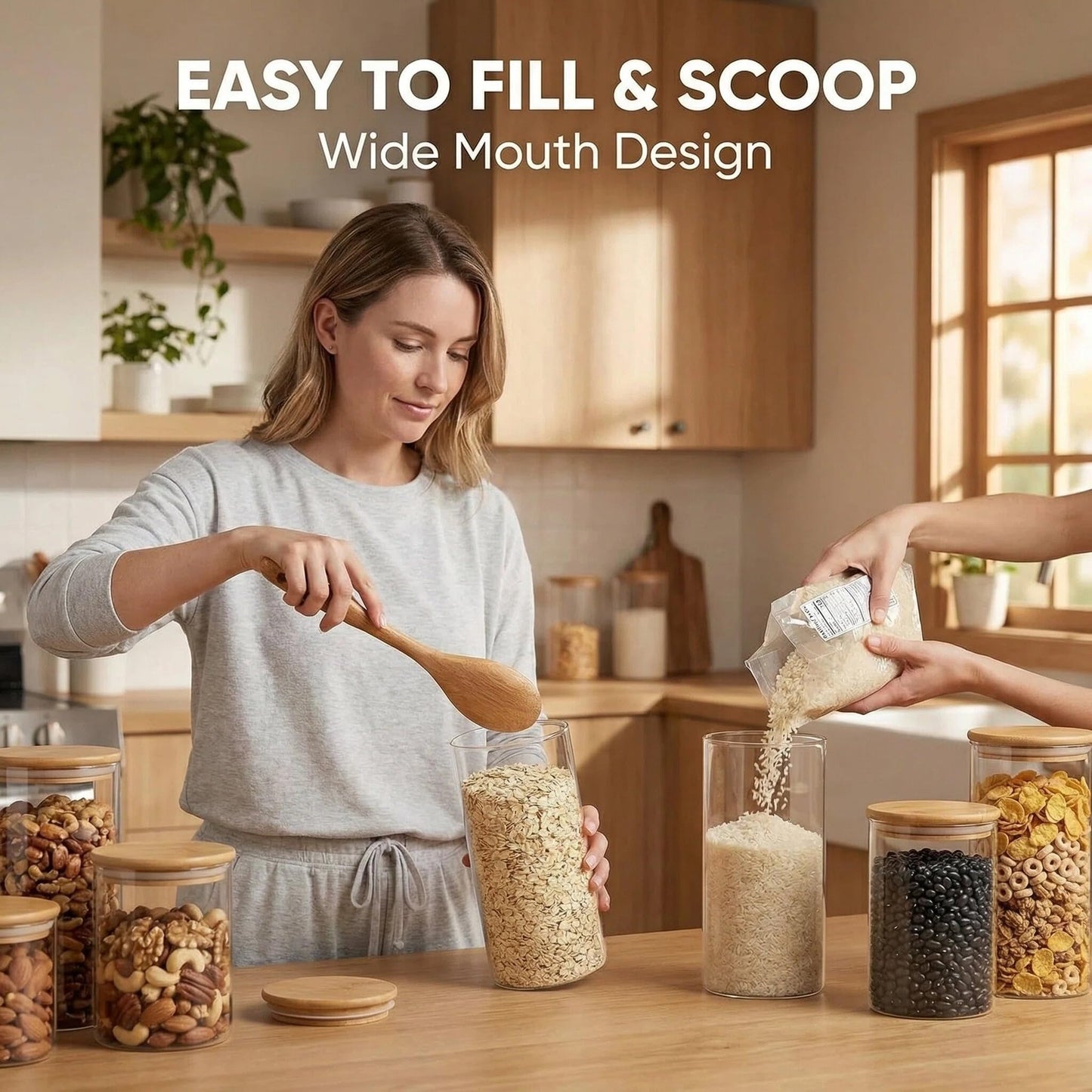 Airtight Glass Storage Containers with Lids Set of 6, 25 /37 /50oz Square Glass Jars with Bamboo Lids, Kitchen Canister Set for Pantry Organization Food Storage for Flour Sugar Rice Pasta Cereal
