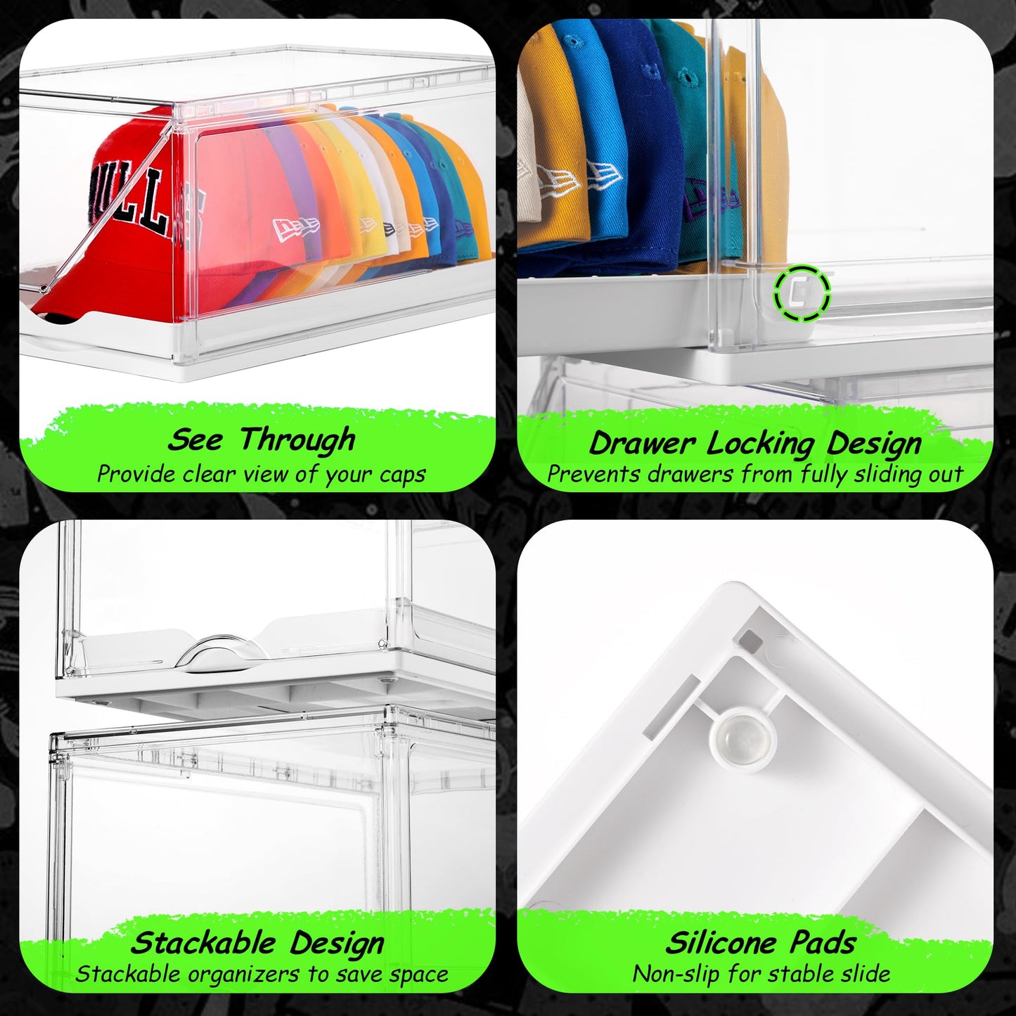 Vtopmart 2 Pack Clear Hat Organizer Drawer for Baseball Caps, Stackable Display Case with Magnetic Door, Each Holds 12 Hats