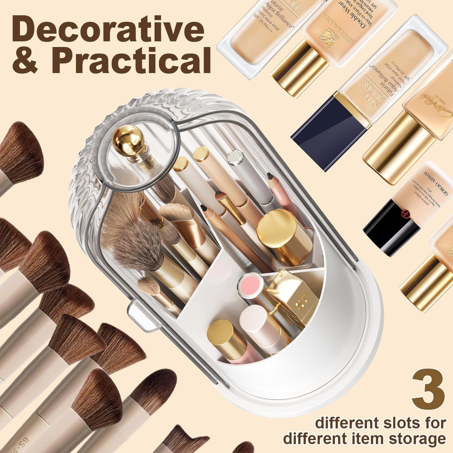 Covered Makeup Brush Holder with Sliding Lid, 360° Rotating Makeup Organizer Countertop for Vanity, Bathroom, Make up/Nail Brushes Storage, Dustproof Toothbrush Holders with Cover for Bathrooms, White