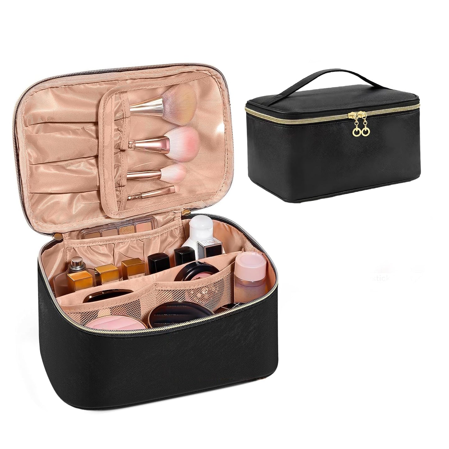 GLONCHX Makeup Bag, Portable Cosmetic Bag, Large Capacity Travel Makeup Case Organizer for Women and Girls, Train Case Makeup Bag for Toiletries for Traveling with Handle and Divider (Black)