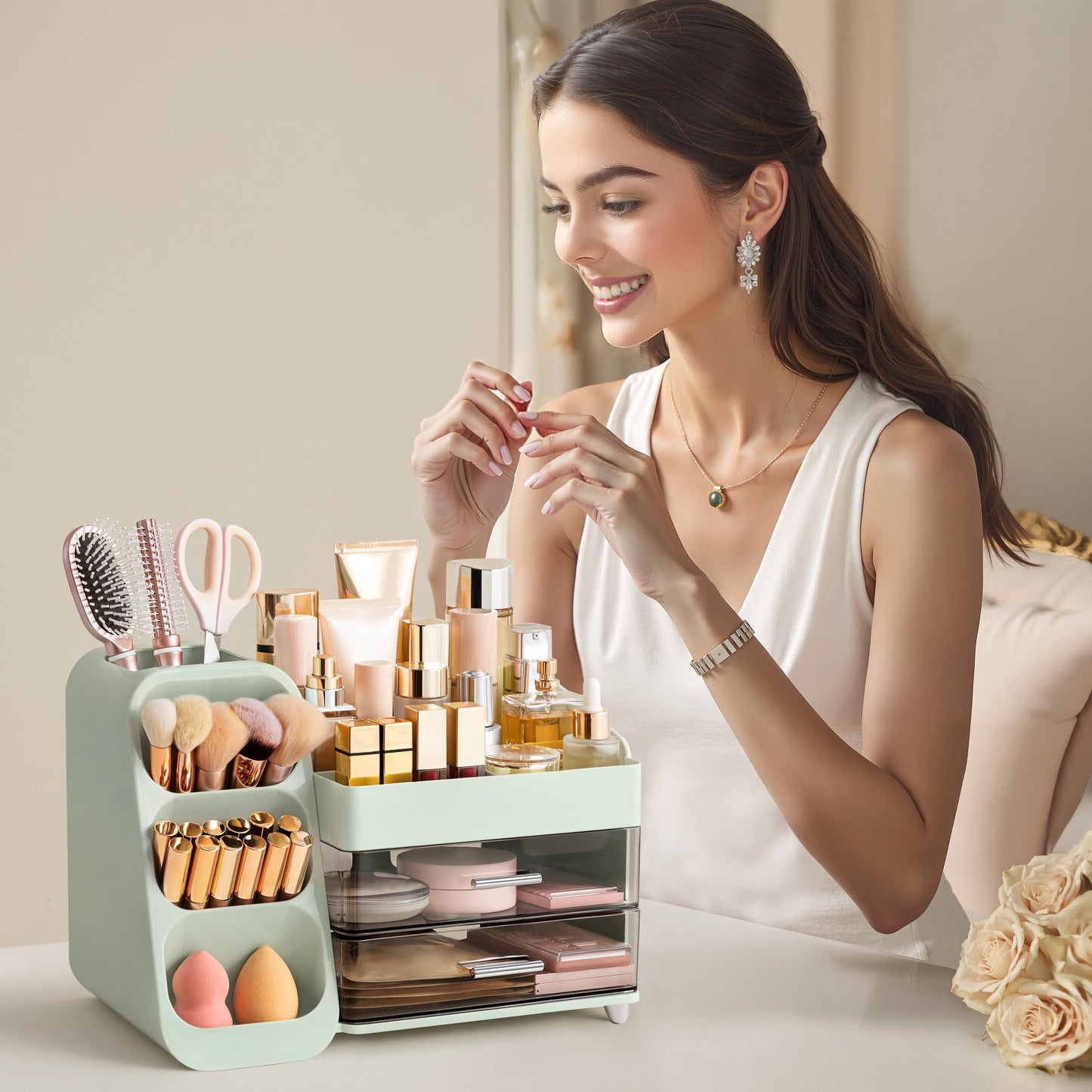 HBlife Makeup Organizer with Brush Holder for Vanity, Large Plastic Bathroom Countertop Organizer Skin Care Storage, Easy to Store Lipsticks, Nail Polishes, Perfumes, Eyeshadow Palettes, Green