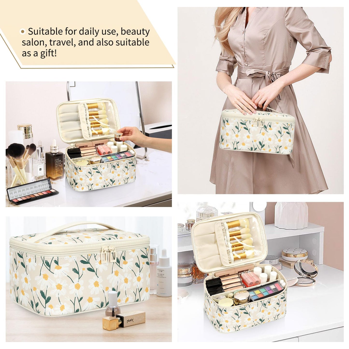 OCHEAL Makeup Bag,Travel Makeup Organizer Bag, Cute Cosmetic Bags for Women Girls Travel Toiletry Bag Traveling With Brush Slot And Divider-Floral