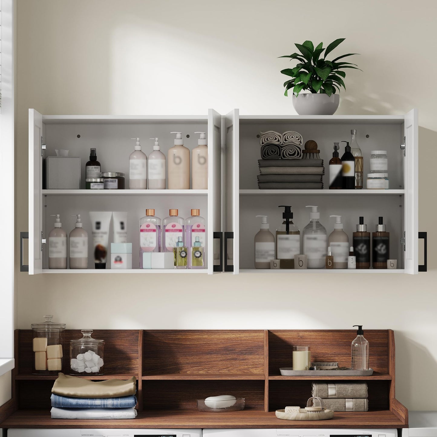 ChooChoo Laundry Room Cabinets, 3 Doors Wall Mounted Storage Cabinet, Kitchen Wall Storage, Bathroom Wall Cabinet, White