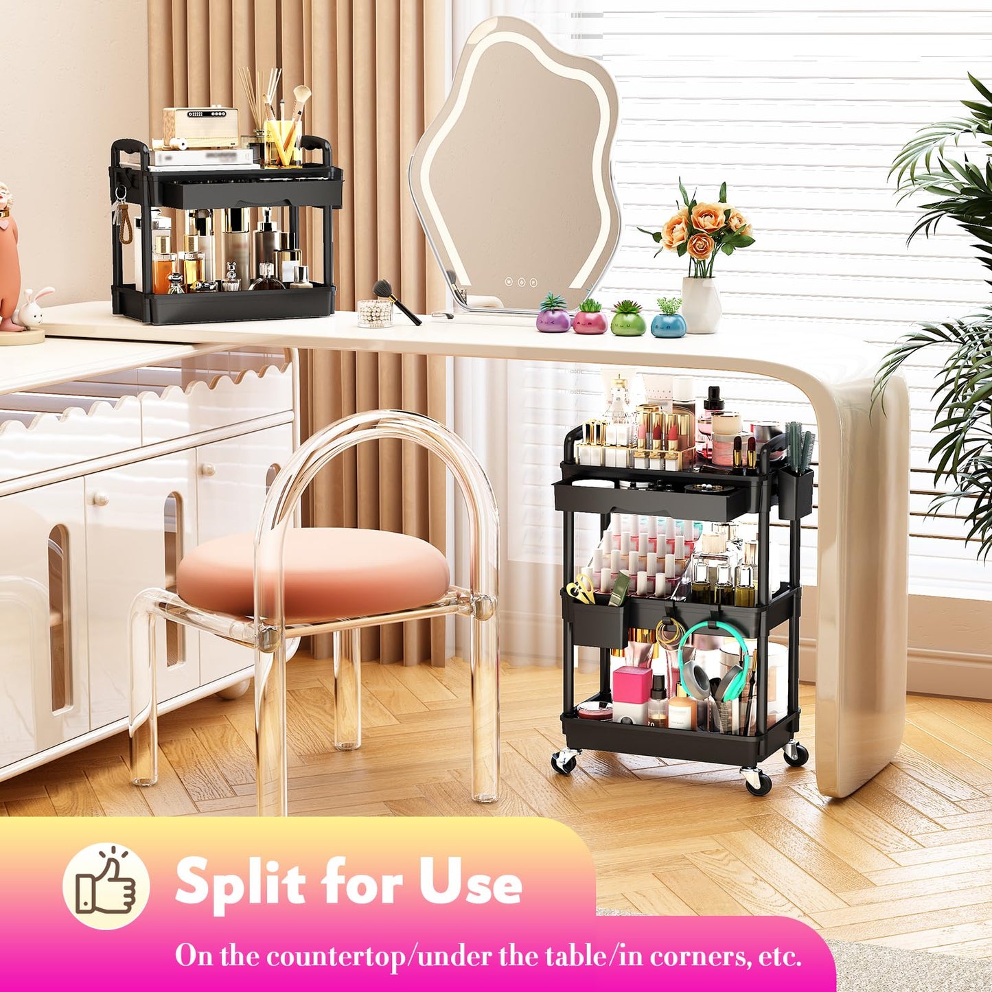 SUNALLY Makeup Cart Organizer with Drawers, Floor Skincare Organizers Vanity Storage Organizer, Rolling Makeup Bathroom Storage Cart Cosmetics Display Cases for Skin Care Perfume Nail Polish, Black