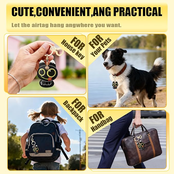 Leather Keychain for Airtag, Cute Protective Keychain Holder Compatible with Apple Air Tag,GPS Item Tracker Case Cover for Keys,Bags,Pets,Luggage(Cat)