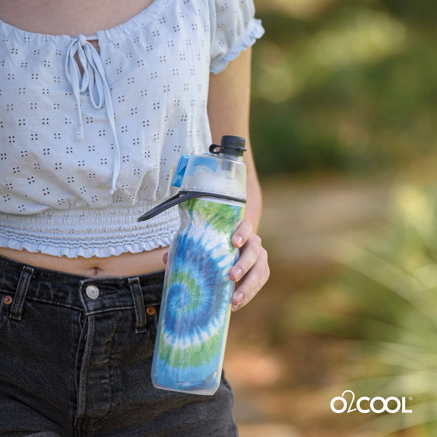 O2COOL Mist 'N Sip Misting Water Bottle 2-in-1 Mist And Sip Function With No Leak Pull Top Spout Reusable Sports Water Bottle - 20 oz (Tie Dye Blue)