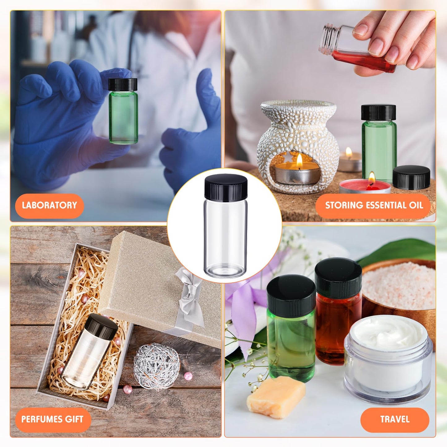 Ziliny 110 Pack 20 ml Glass Vials Clear Small Empty Glass Sample Bottles with Screw Cap Plastic Stoppers, Shims and Plastic Mini Funnels, Sample Leakproof Small Vials Storage Container (20ml)