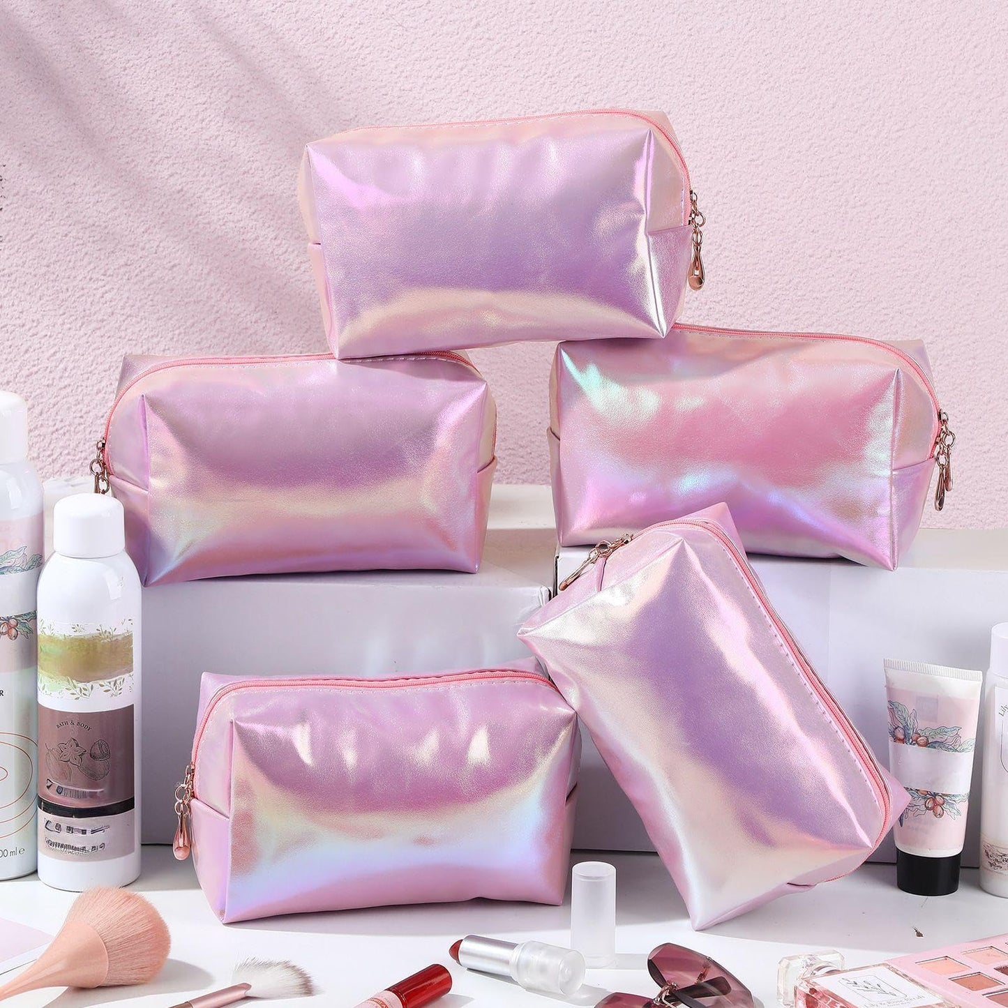 Sanwuta 9 Pcs Makeup Bags Bulk PU Double Zippers Cosmetic Bag Makeup Toiletry Small Pouch Portable Travel Organizers Case for Women Bridesmaid Proposal Gifts(Laser Pink)