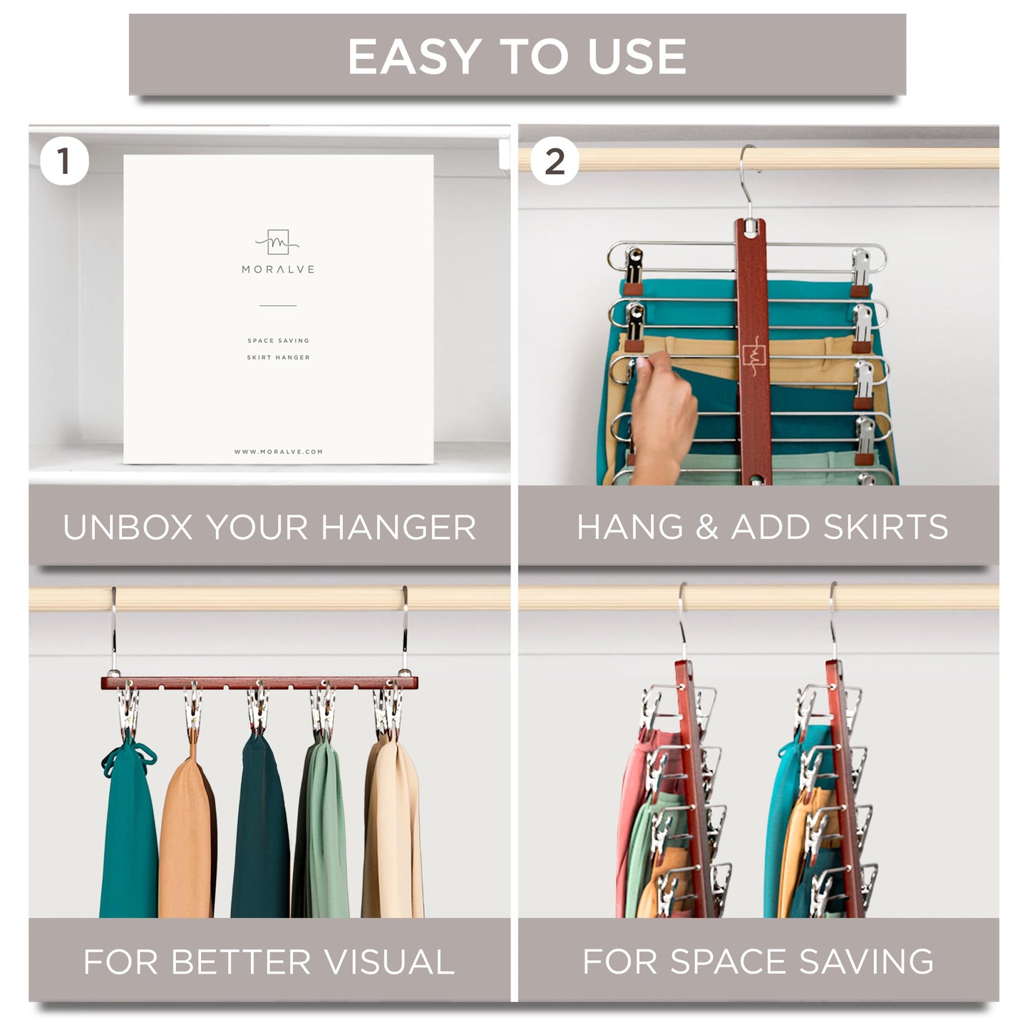 MORALVE Skirt Hangers Space Saving with Clips - 2 Pack - European Beechwood 5-Tier Hanger for Shorts, Skirts, and Pants - Closet Organizer and Storage Solution for Women with 360° Swivel Hook