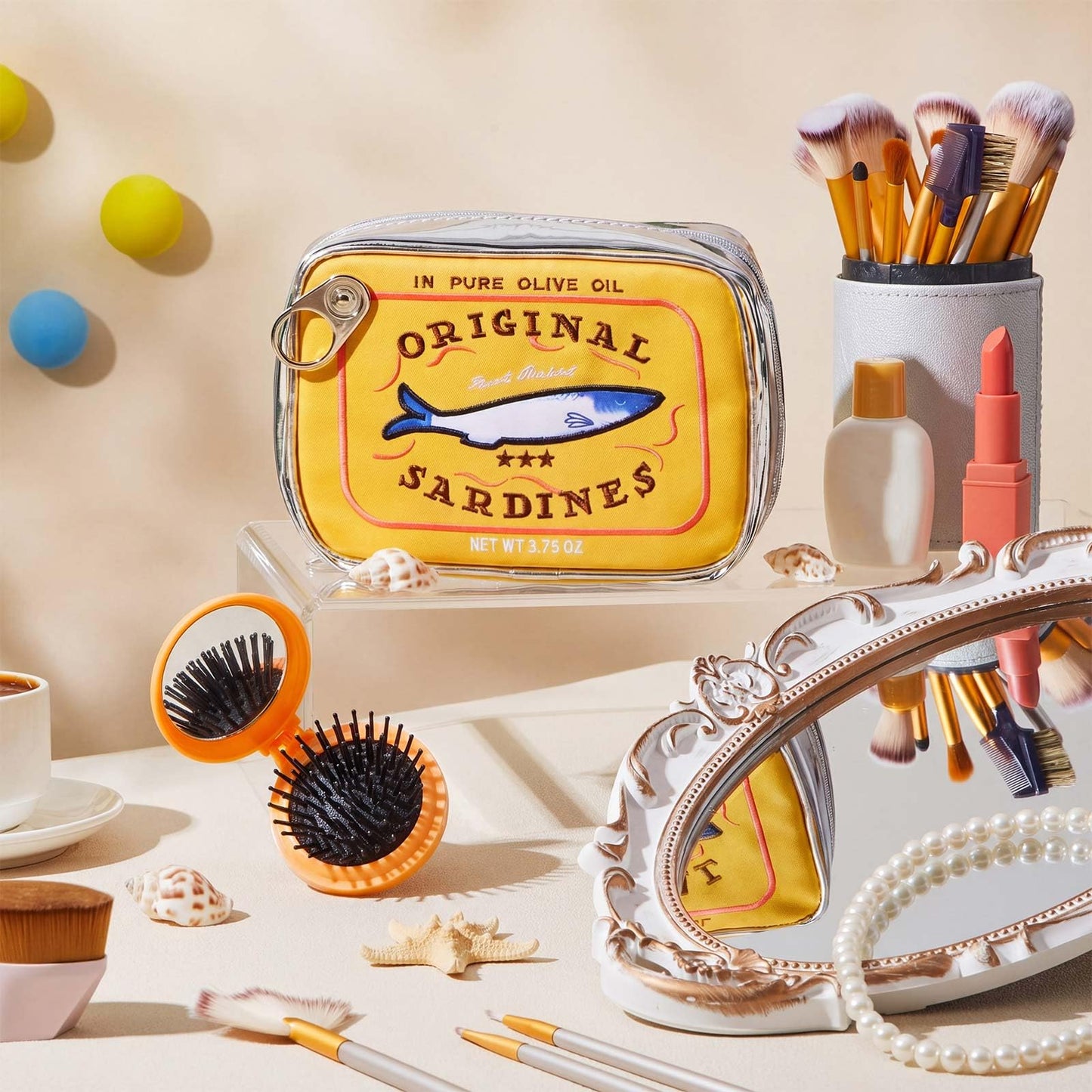 Reginary 2pcs Canned Sardines Makeup Bag + Mini Folding Hair Brush with Mirror, Tin Fish Kawaii Cosmetic Pouch, Cute Pencil Case, Waterproof Travel Toiletry Bag for Women, Party Favors, Gifts(Yellow)