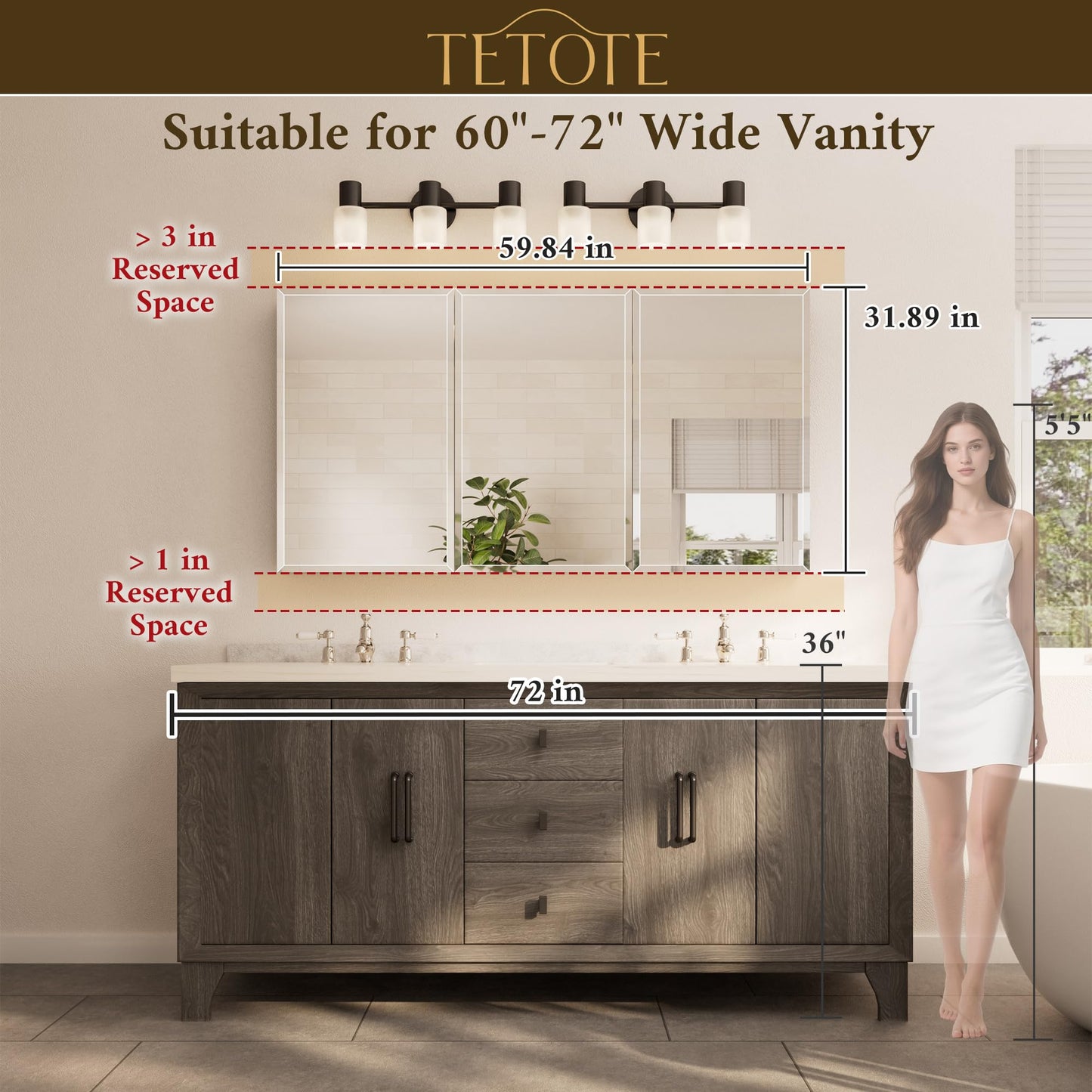 TETOTE 60 x 32 Medicine Cabinet with Tempered Beveled Mirror Black Aluminum Cabinet DTC Hinges, Stepless Adjustable Shelves, Recessed/Surface-Mounted