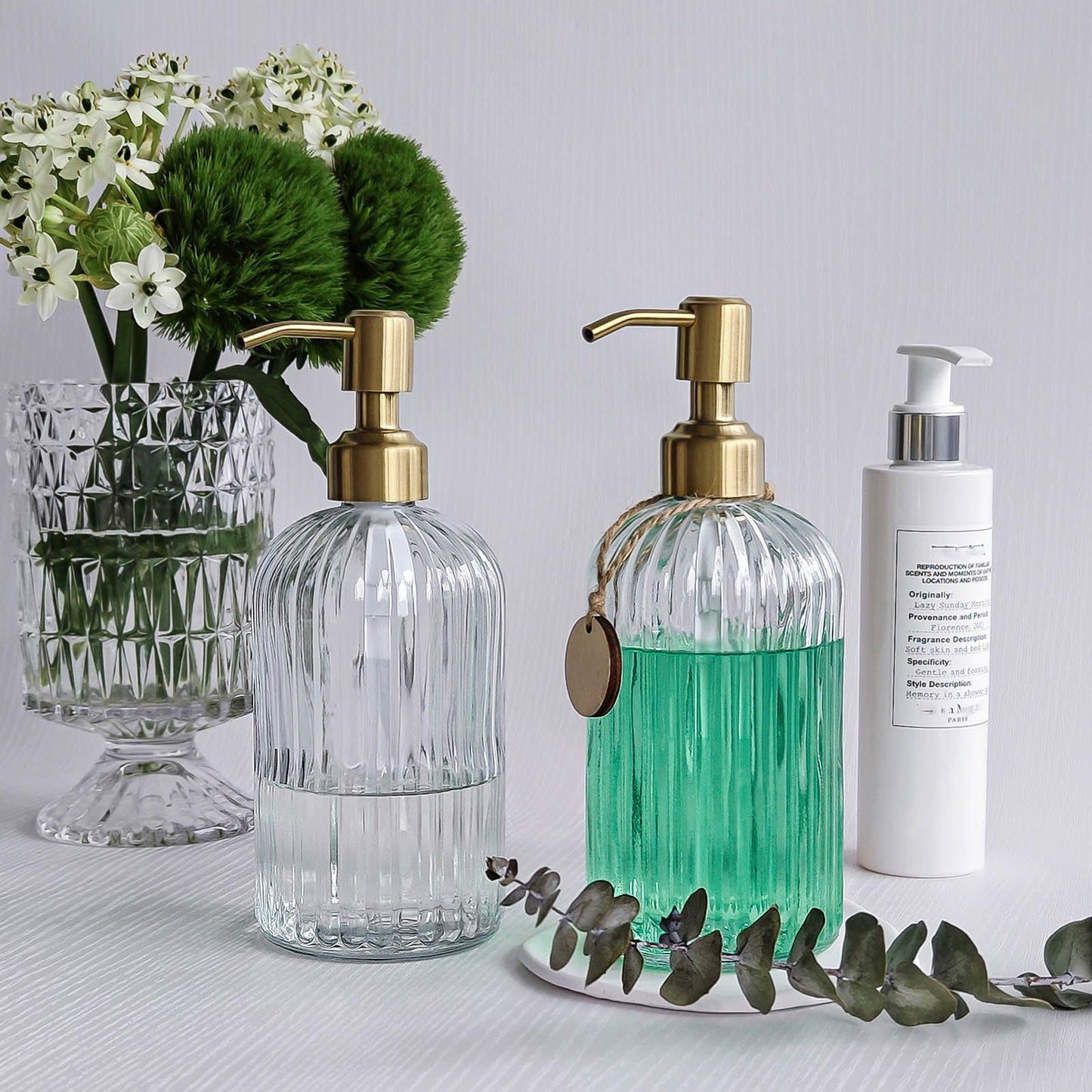 JASAI 2PACK 18Oz Fluted Glass Soap Dispenser with Golden Rust Proof Pump, Refillable Kitchen soap Dispenser with Vertical Stripe, Bathroom Soap Dispenser for Dispense Hand soap, Dish Soap, Lotion.
