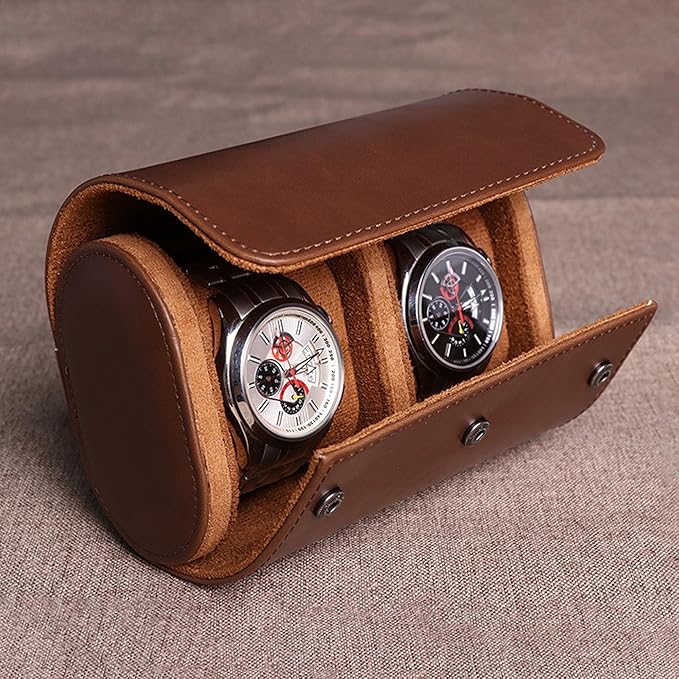 Longjet Watch Roll Travel Case for Men Portable Watches Organizer Box with Removable Velvet Pillow Holder (2 Slot Brown)