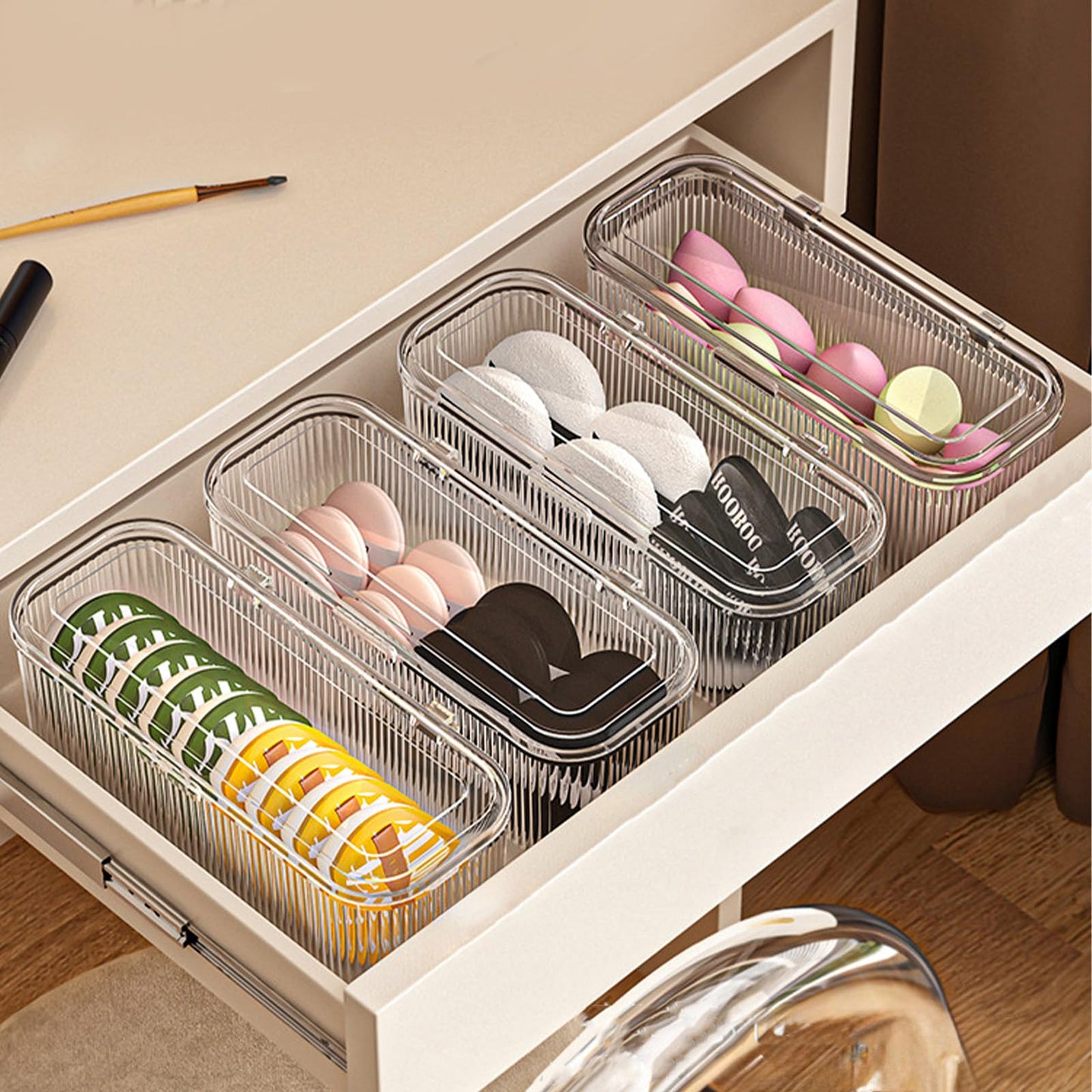 JessLab Makeup Brush Holder Organizer, Clear Makeup Sponges Organizer,Cosmetic Storage Case with Lid Display Case for Vanity, 1 Compartment (3 Pack)