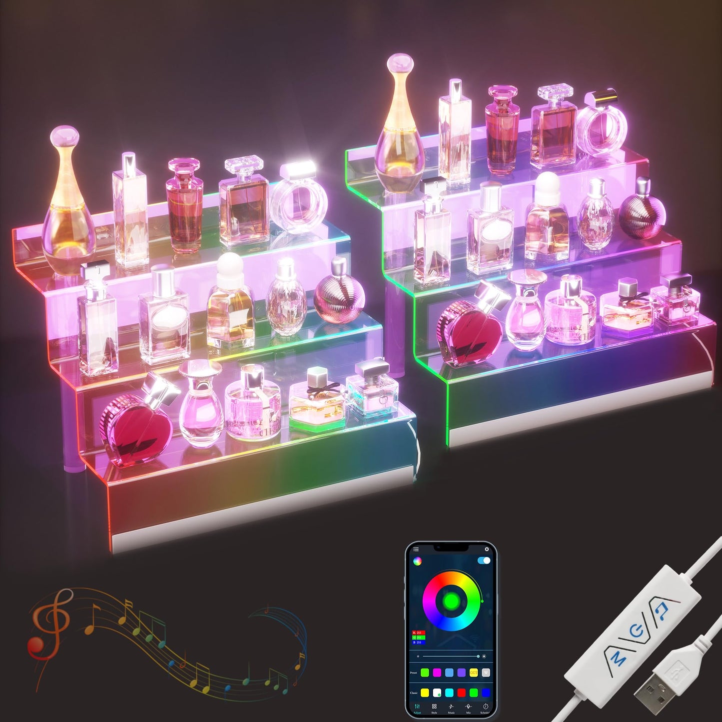12โ Acrylic Display Organizer with LED Light - 3 Tier Perfume Organizer for Women, Cologne Organizer for Men, Figures Stand, Clear Riser, Perfume Stand and Display Step Shelves Holder, 2 Pack Stands