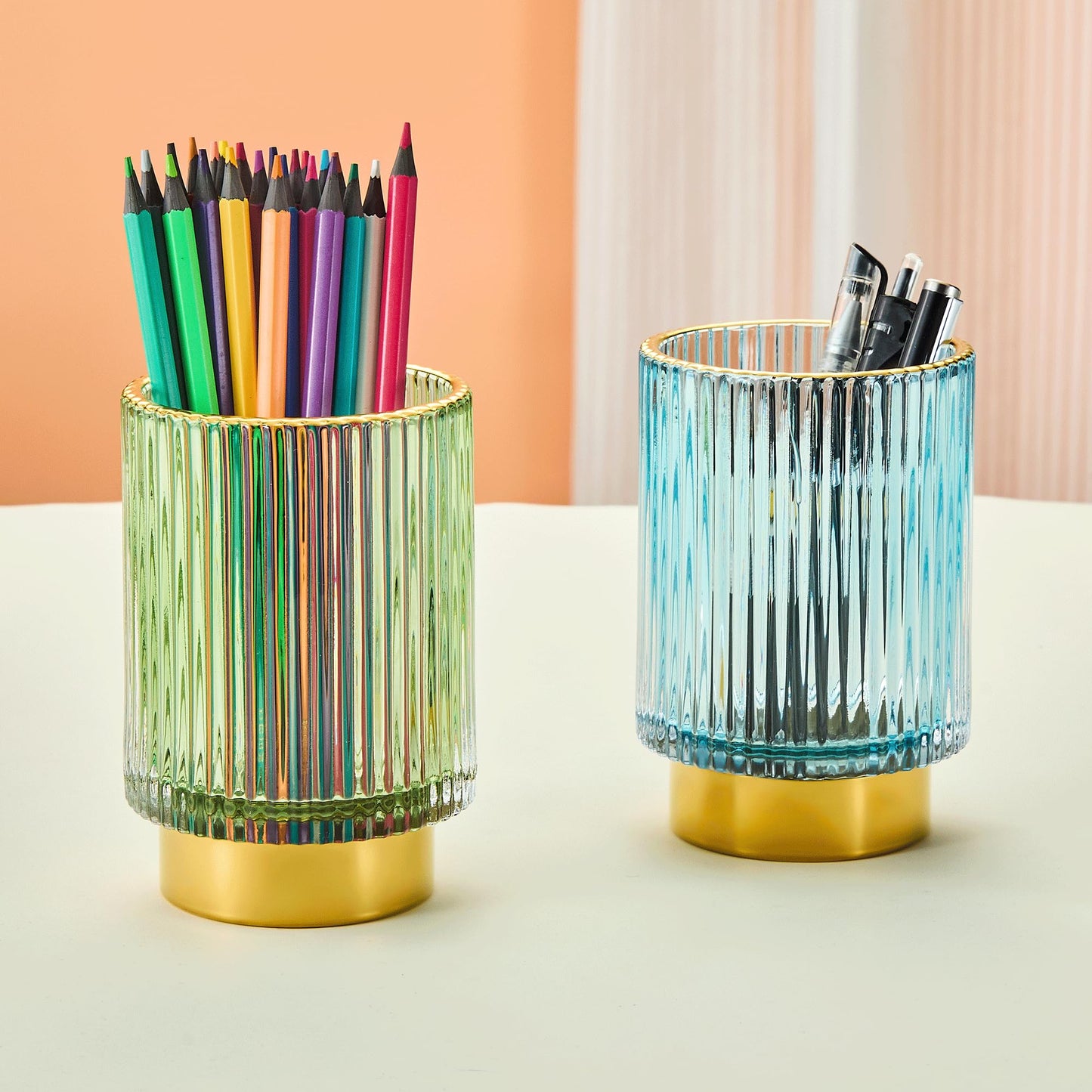 LEICURACE Makeup Brush Holder Organizer,Toothbrush Holders,Desk Pen Pencil Holder,Multifunctional Vintage Glass Brush Cup(L/Green/A3-6-US)