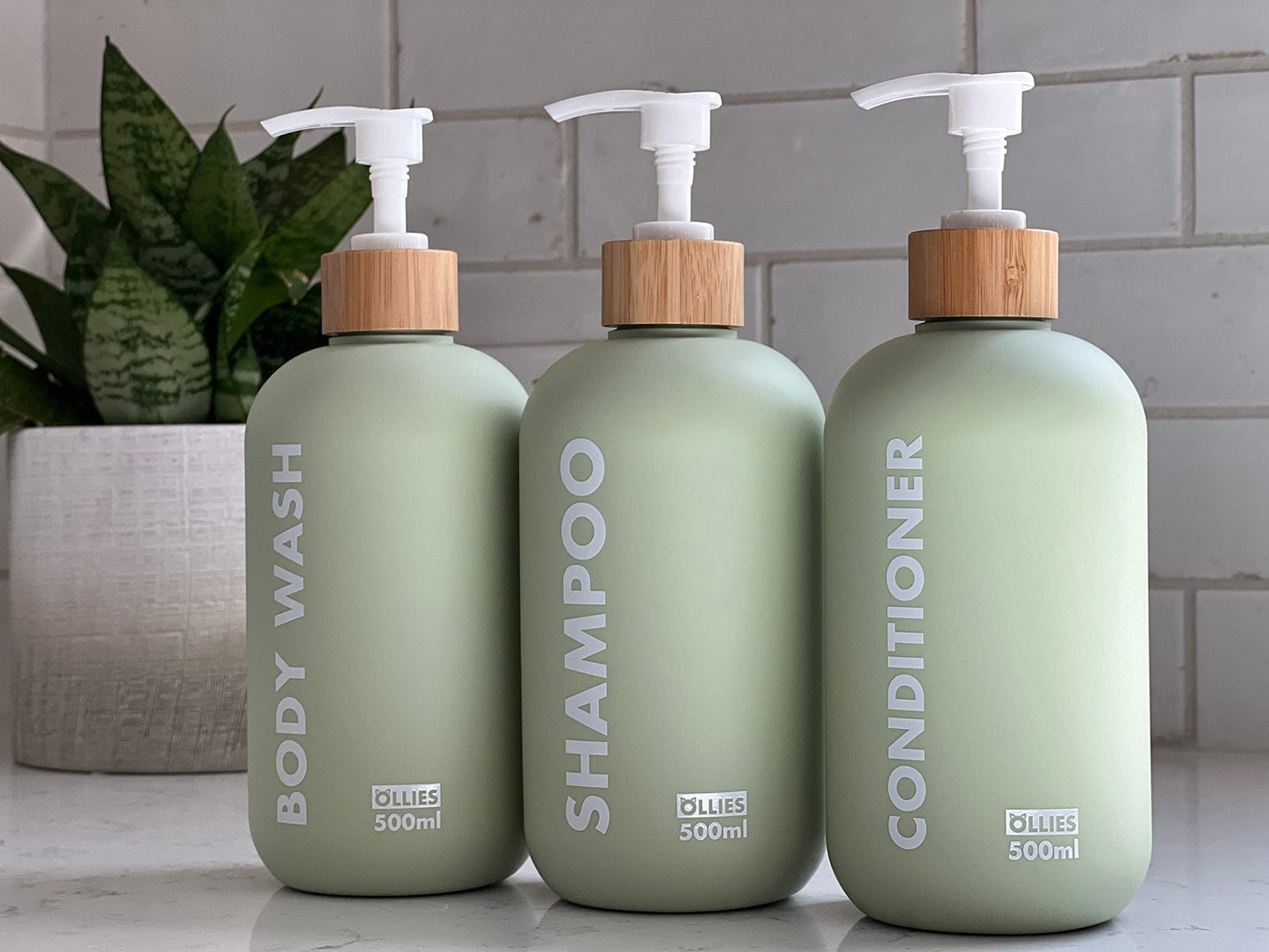 OLLIES Shampoo and Conditioner Dispenser, Shower Soap Dispenser for Bathroom, Set of 3 with Permanent Stylish Label, 17oz, 500ml Refillable Shampoo and Conditioner Bottles Green