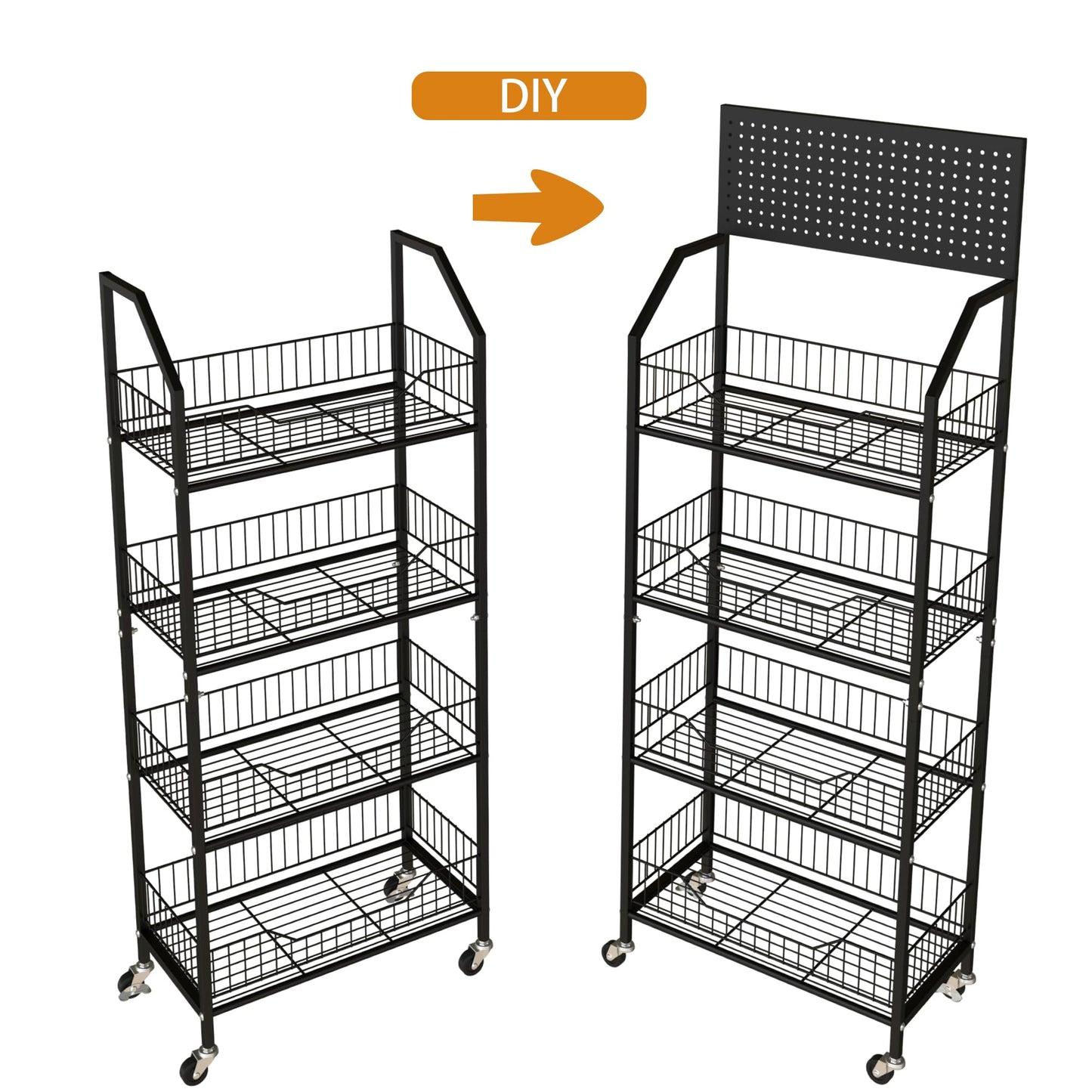 Fitzkor 4 Tier Supermaket Storage Rack, Snack Rack Display Stand, Retail Display Organizer Stand with Hooks & Wheels, Metal Snack Shelf for Store Home Kitchen, Black Chip Rack Display Stand (4 Tier)