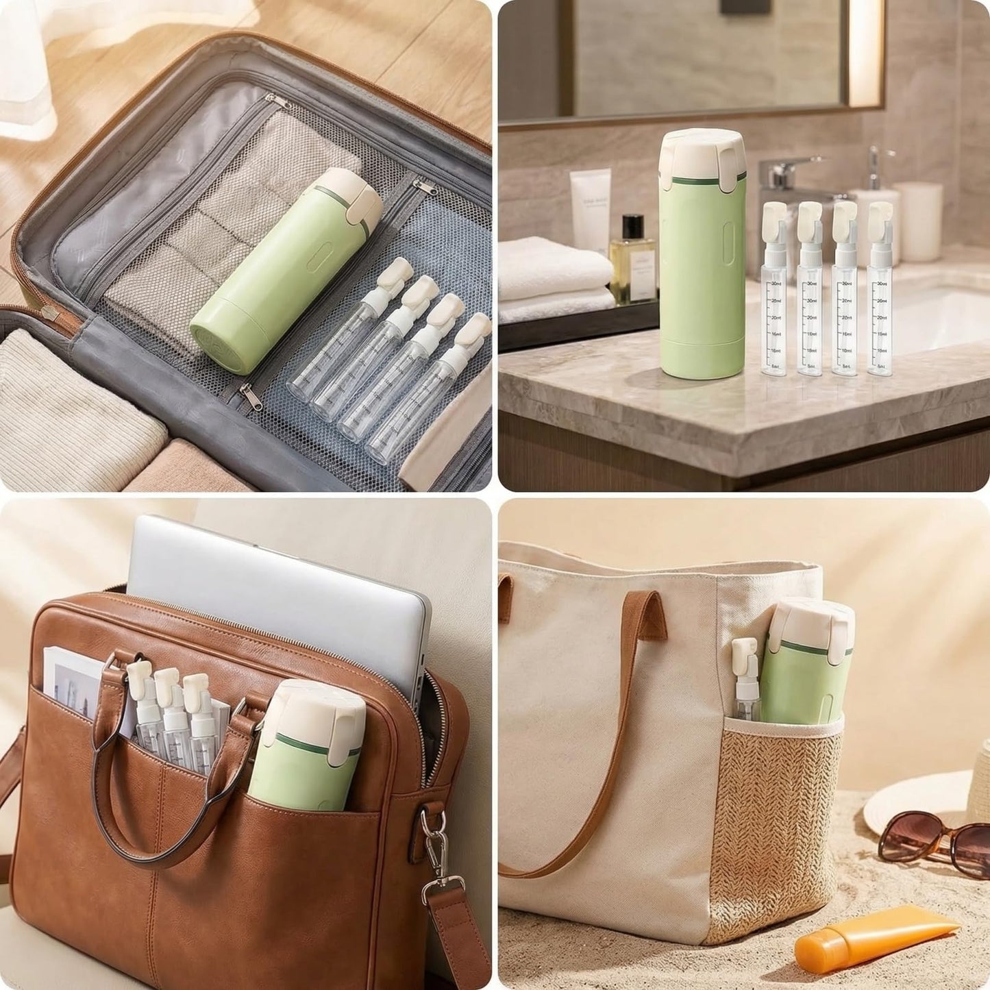 4 in 1 Travel Dispenser Bottle - Leak Proof Refillable Pump Set for Shampoo Conditioner Lotion, 4 Pack 30ml Portable Containers for Air Travel Business Trip Essentials (Green)