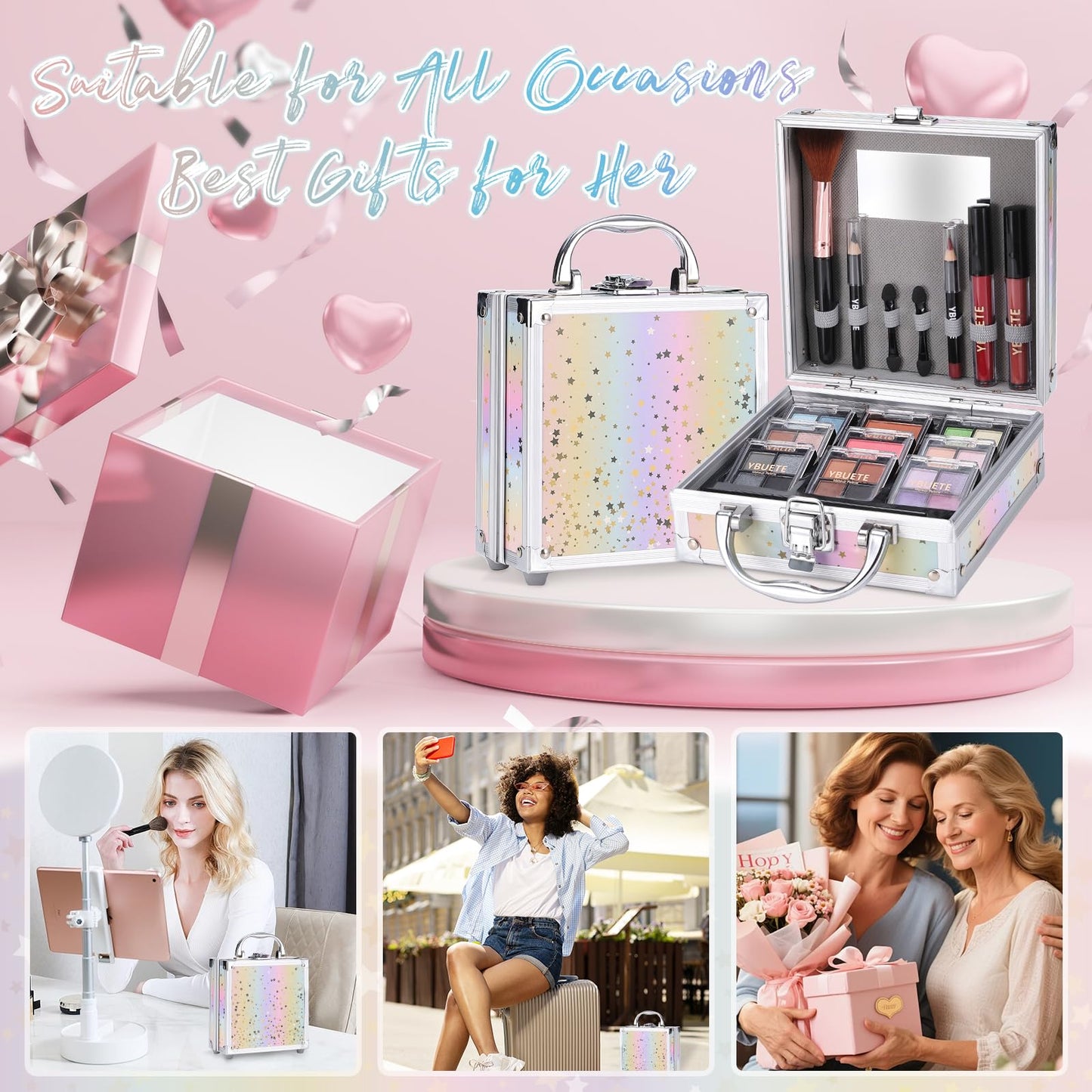 YBUETE Beginner Makeup Set for Teen Girl Women, Makeup Present for Her, Makeup Kit with Cosmetic Train Case Contained Eyeshadow Blush Lip Gloss and Oil Lip Liner Eyeliner Brushes Mirror (Pink)