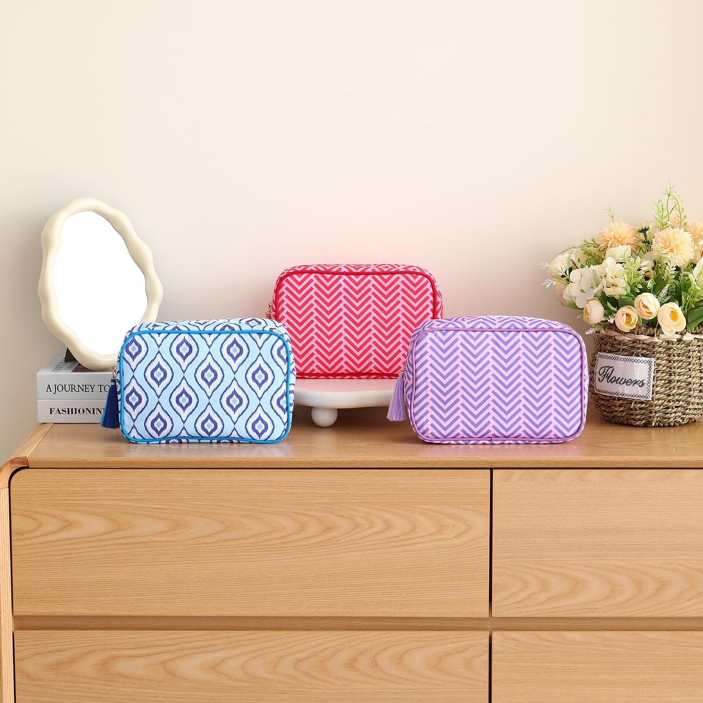 EMBRUNIOICE Makeup Bag Travel Cosmetic Bag Organizer Tassel Toiletry Bag Large Canvas Zipper Pouch Mahjong Tile Bag (Ikat Blue)