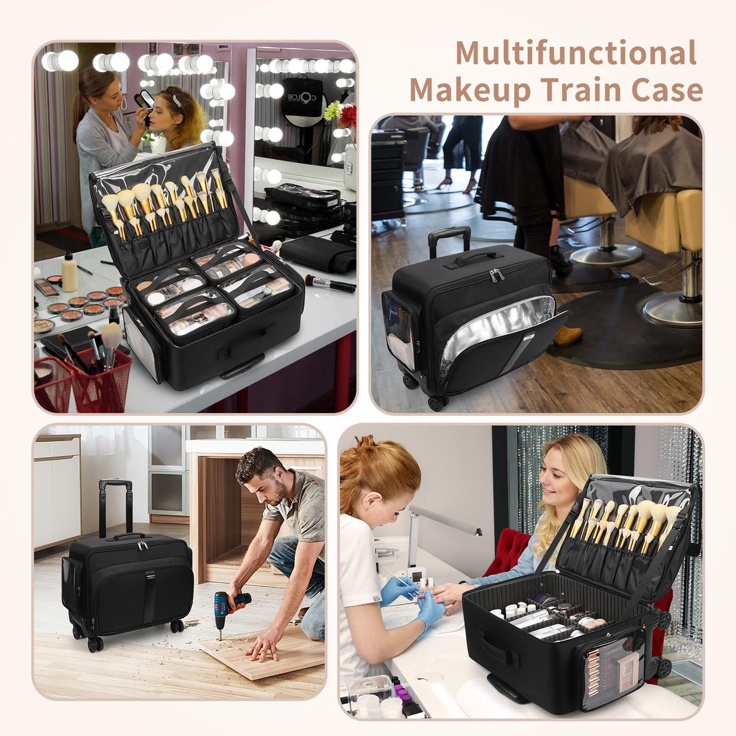 Large Rolling Makeup Case,Professional Makeup Artist Bag with 4 Small Bag Makeup Case, Adjustable Dividers, Portable Travel Supply Station for Cosmetics Storage Organizer Trolley Suitcase Makeup Cart