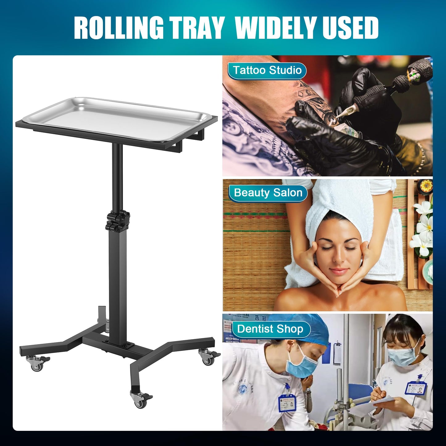 Poarmeey Adjustable Rolling Tattoo Tray Cart Stainless Steel Trolley