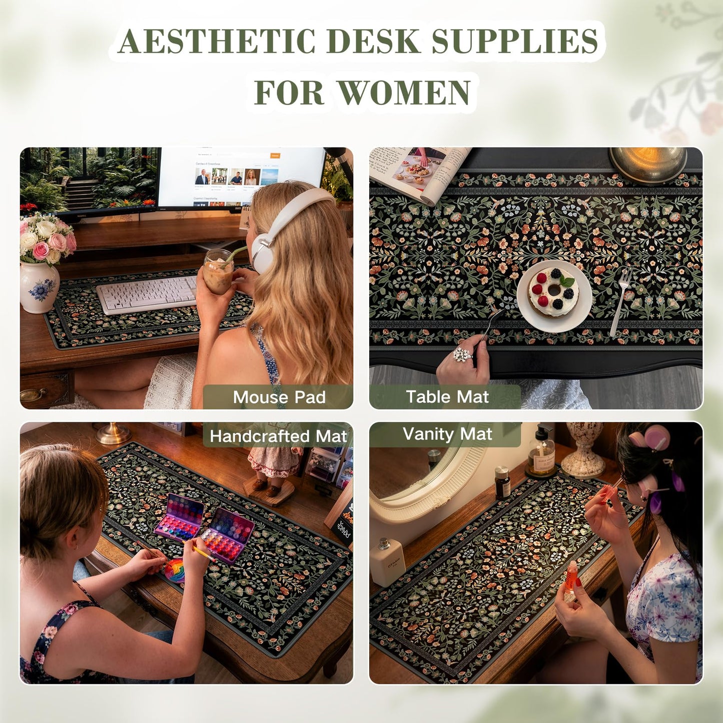 iCasso Desk Mat for Keyboard and Mouse, Large Mouse Pad, Desk Pad Mat, Anti-Slip Big Mousepad with Stitched Edges for Computer Desktop(Floral)