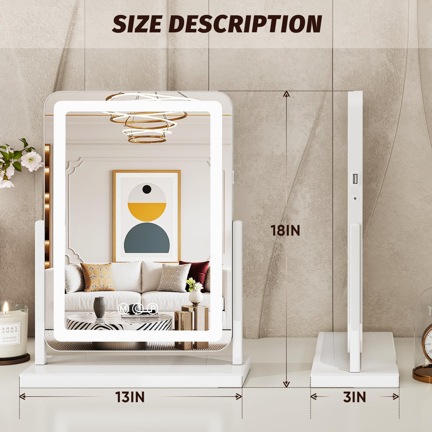 Novlux Vanity Mirror with Lights, 18"x13" Hollywood Lighted Makeup Mirror for Tabletop & Bedroom 3 Color Lighting Modes Smart Touch Control 360° Rotation Detachable