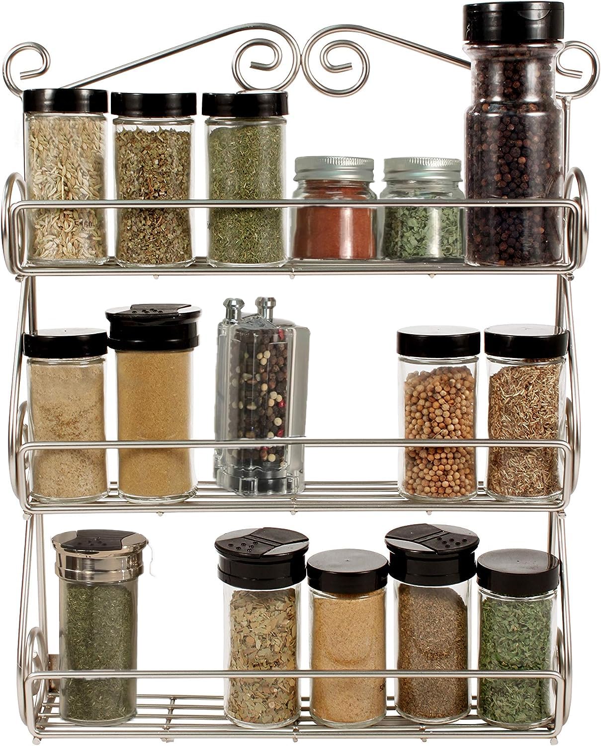 FitWell Scroll Wall Mount Spice Rack, 3-Tier, Traditional Spice Rack Cabinet & Kitchen, Beauty & Nail Polish Organizer for Bathroom, Scroll Wall-Mounted (Satin Nickel)