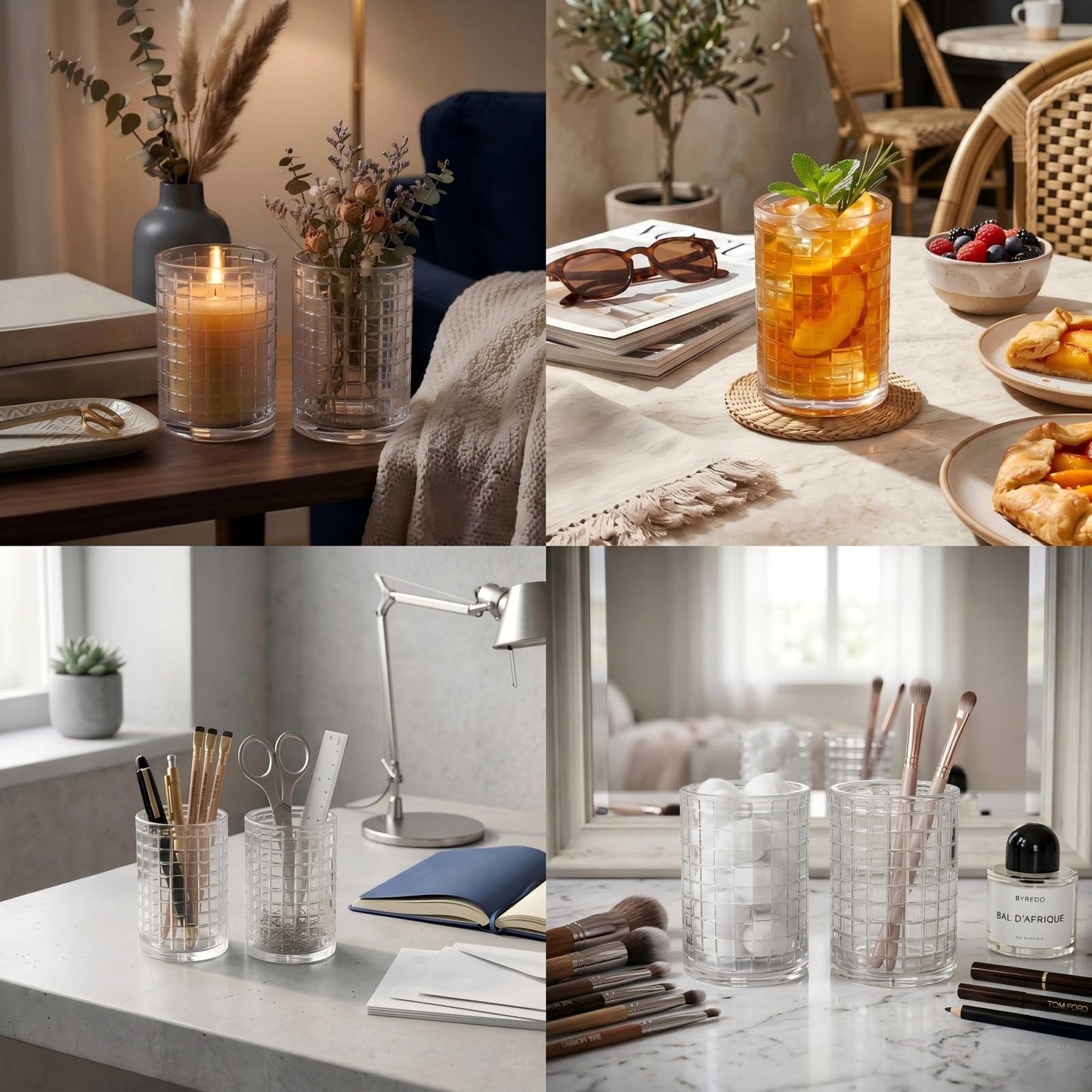 Makeup Brush Holder Organizer, Grid Pattern Glass Storage Box Container, Multifunctional Toothbrush Desk Pen Pencil Holder for Crystal Home Decor, Table Centerpiece, Wedding, Party(Clear 2 Pack)