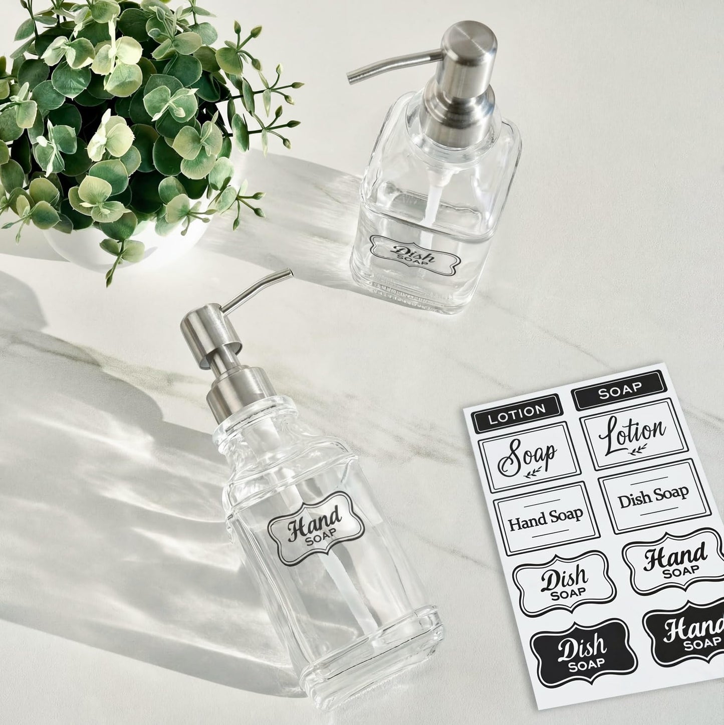 JASAI 2Pack Antique Design Glass Soap Dispenser with Rust Proof 304 Stainless Steel Pump, Refillable Hand Soap Dispenser with 10Pcs Stickers, Premium Soap Dispensers for Kitchen & Bathroom (Clear)