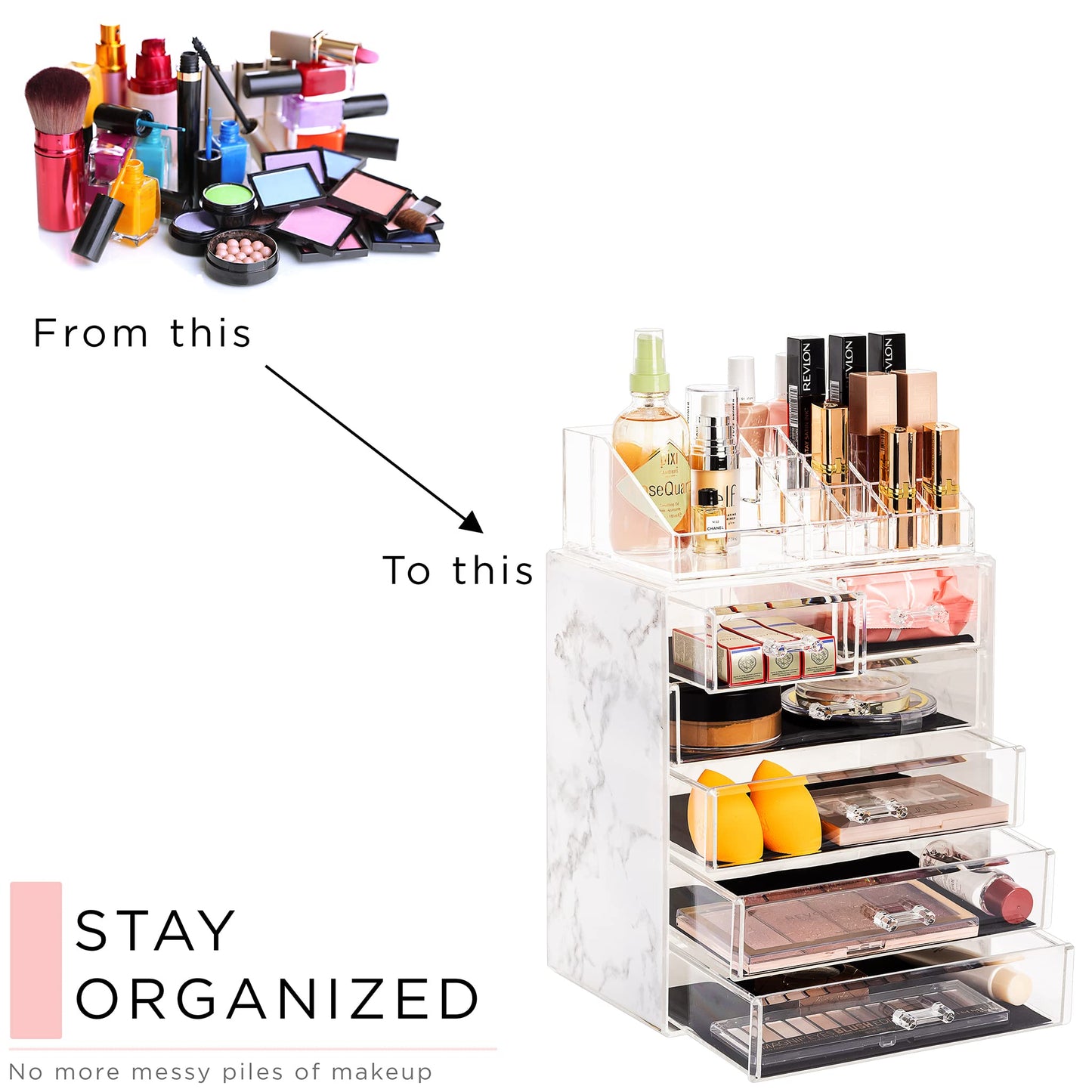 Sorbus Acrylic Makeup Organizer Set, 6-Drawer Vanity & Countertop Cosmetic Storage with Small & Wide Compartments, Marble Print Makeup Storage for Brushes, Jewelry – Holiday Gift for Women & Teens