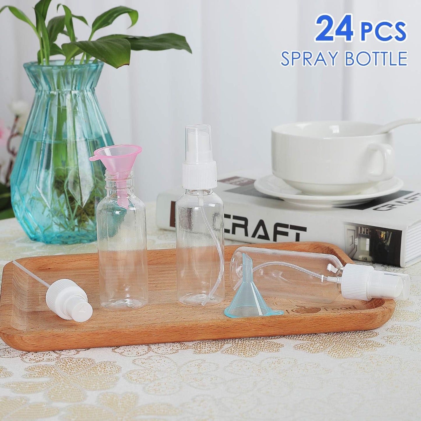 24 Pcs Spray Bottles 2oz / 55ml Clear Empty Mini Spray Bottles Refillable Container Pocket Size Sprayer Set Essential Oils Travel Cleaning Makeup Bottles with 2pcs Funnels 32pcs Labels