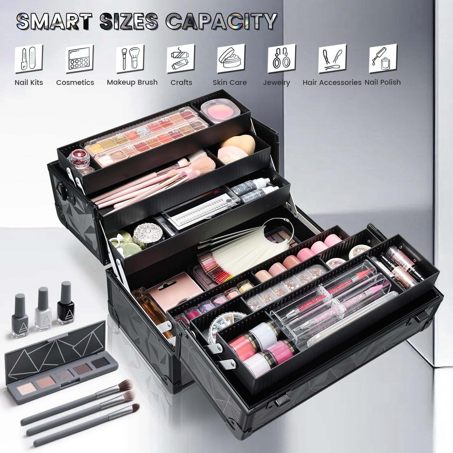 FRENESSA Makeup Case Extra Large Makeup Train Case 12.6 Inch Makeup Box Organizer Profressional Make Up Cases Storage Cosmetic Artist Travel Case with Divider Shoulder Strap Hard Vanity Dark Black
