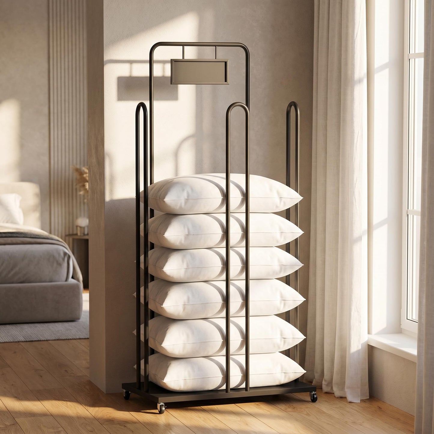 Rolling Pillow Storage Rack, Pillow Display Stand with Sign Holder, Metal Pillow Holder, Commercial Throw Pillow Rack, Cushion and Pillow Tower Storage Stand for Home, Retail, Malls, Hotels, Schools