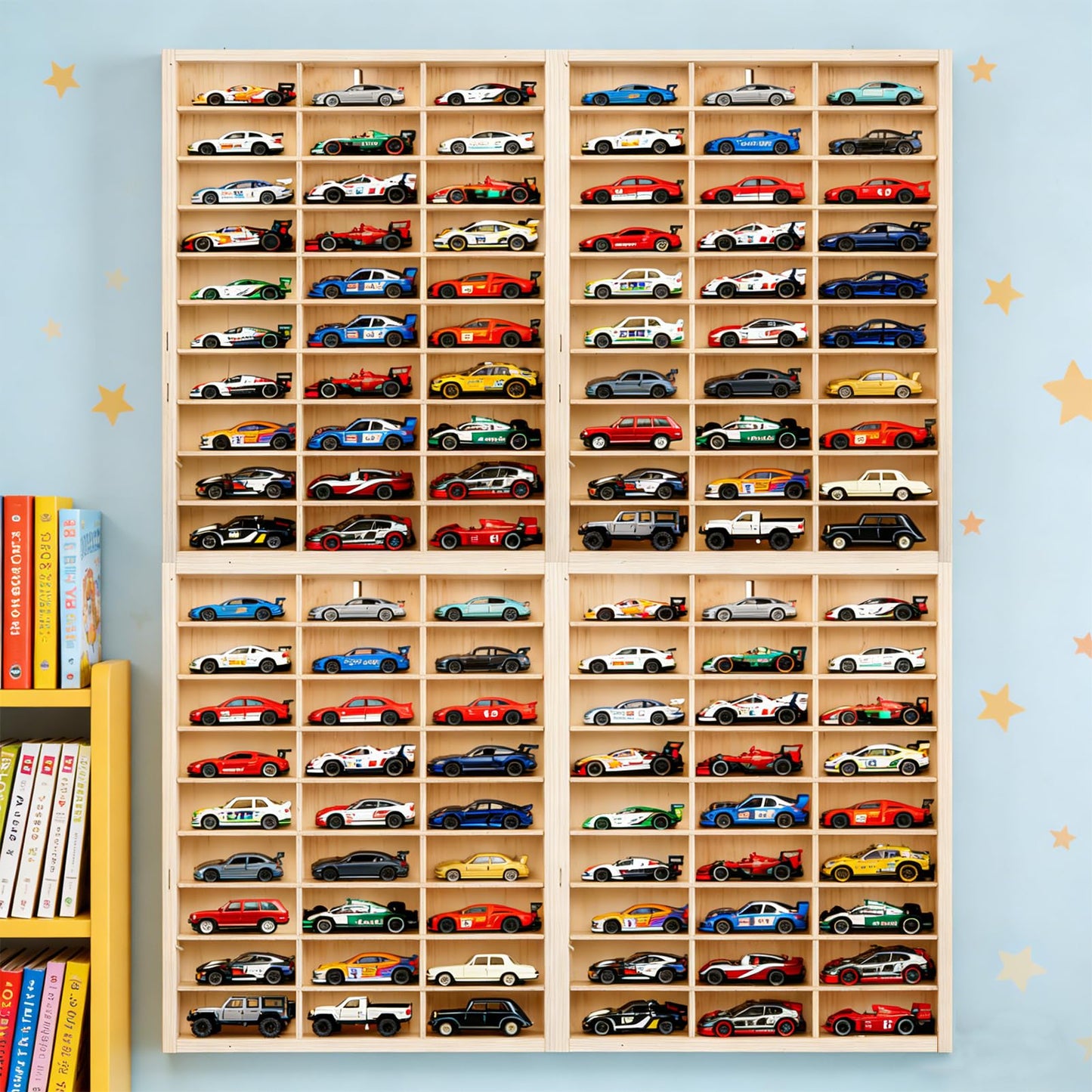 for Hotwheels Wooden Display Case 108 Space 1/64 Scale Toy Car Display Case Fit for Hotwheels Wall Mount Wooden Storage Display Shelf for Toy Cars Model Car Display Organizer Fit for Matchbox Diecast