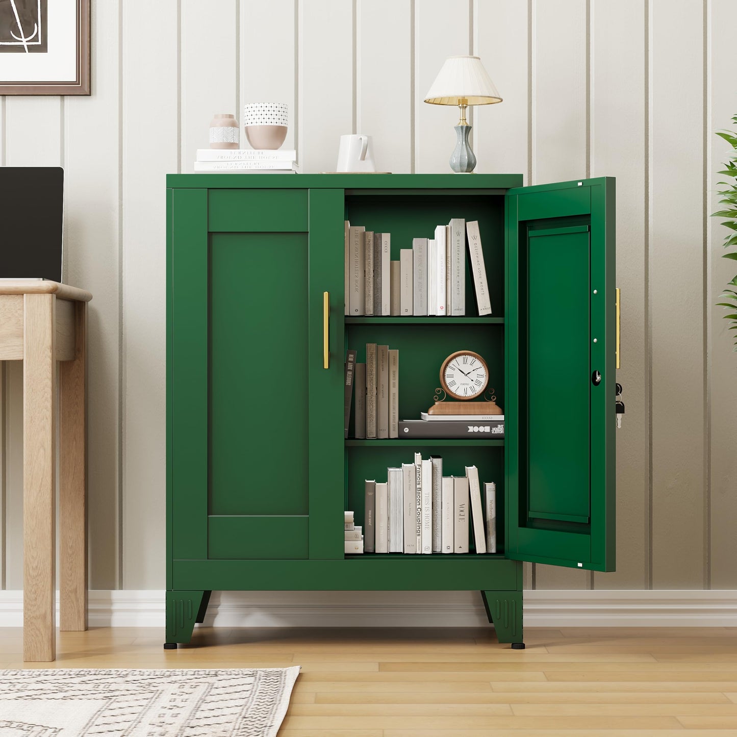 RISTERN Green Metal Storage Cabinet, 36" Tall Locking Storage Cabinet with 2 Adjustable Shelves, Steel Locker Organizer, for Office, Home, School