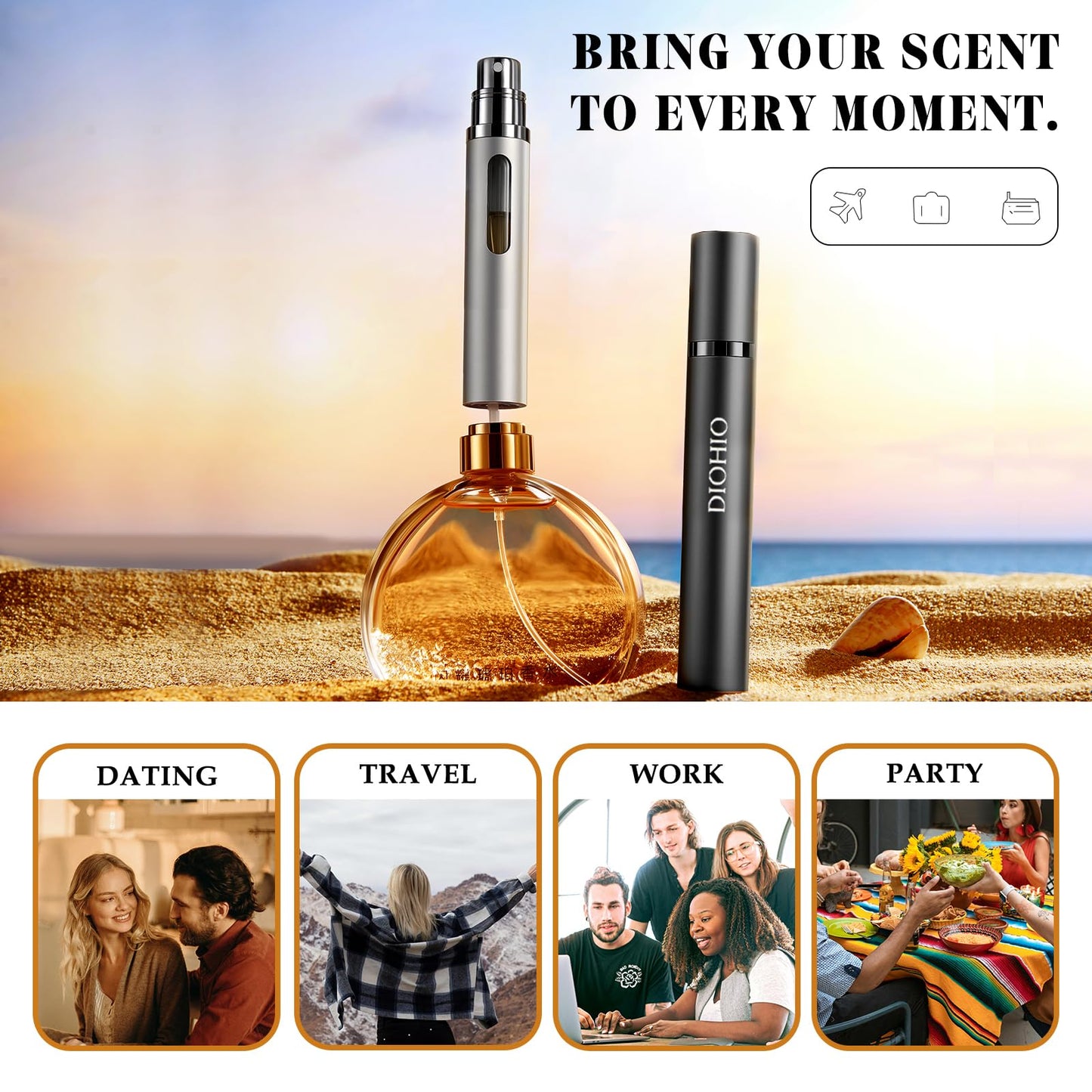 DIOHIO 10ml Perfume Atomizer Travel Refillable, 3PCS Perfume Travel Refillable Bottle,Bottom-Filling Fragrances Perfumes Bottle,Mini Cologne Dispenser,Portable Sprayer(Black-Grey-Silver)