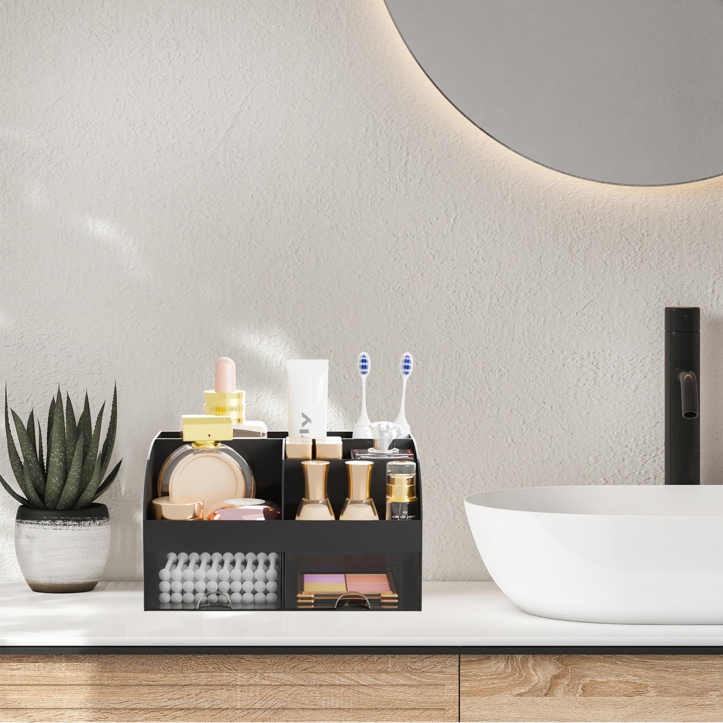 Makeup Organizer with 2 Drawers, Cosmetic Storage for Dresser Vanity and Bathroom Countertop,Make up organization and Skincare Storage with Beauty Brush Holder, Cosmetic Display Case 2Pcs Black