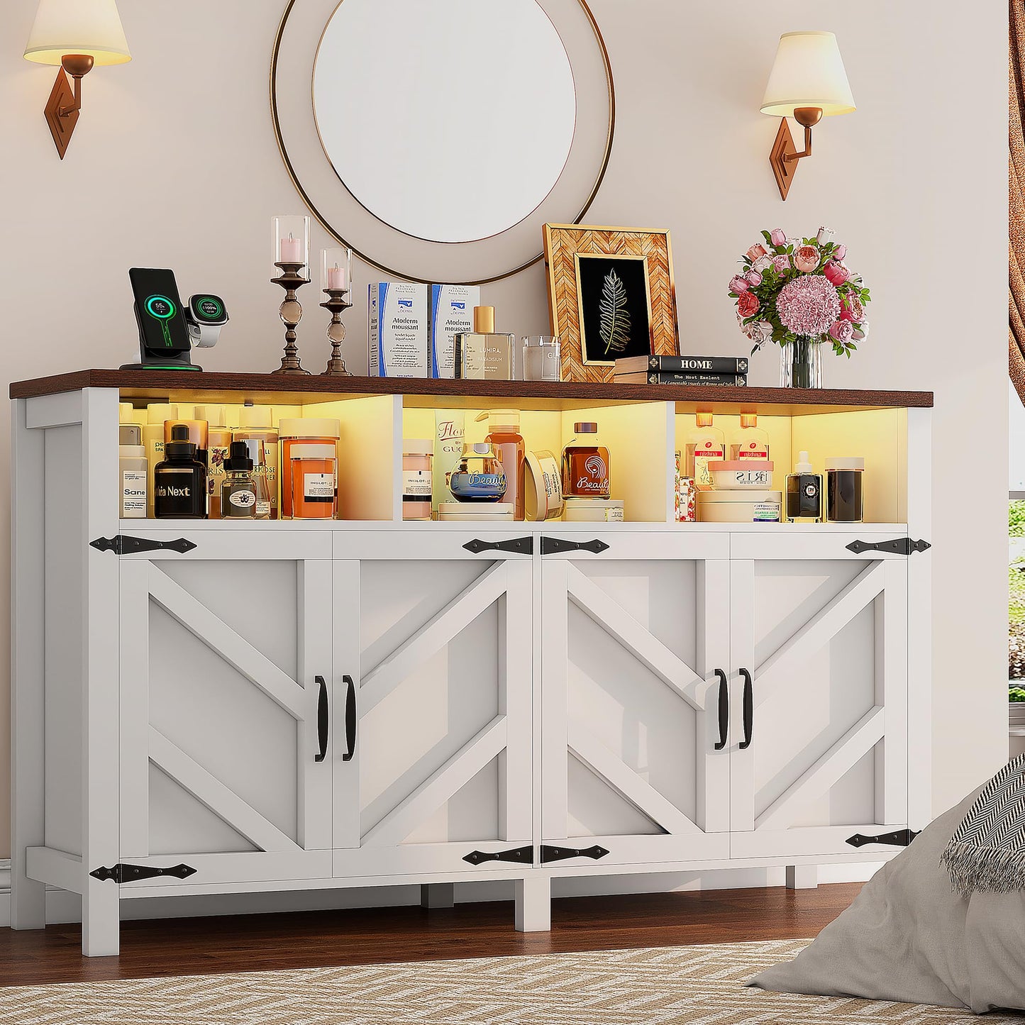 knoworld Buffet Sideboard with Storage with Power Outlets & LED Light 4 Doors, 55'' Large Farmhouse Kitchen Storage Cabinet Wood Coffee Bar Cabinet Buffet Table for Kitchen, Dining Room, Entryway