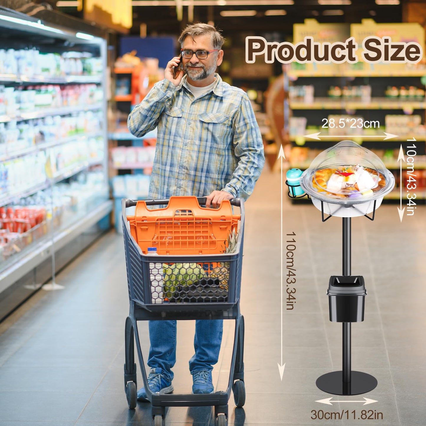 CHENNTAI Black Metal Food Sample Display Stand, Food Tasting Station with Toothpick Holder and Rubbish Bin for Supermarkets, Bakeries and Other Food Shop